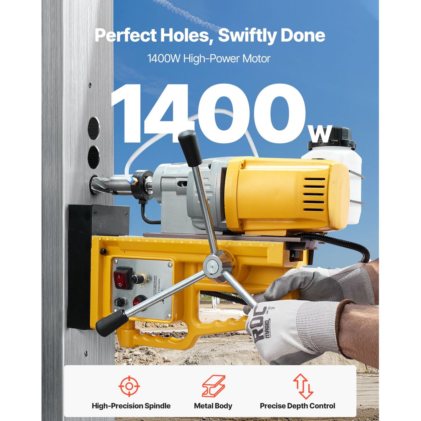 Magnetic Drill, 1400W Motor 2 in Boring Diameter, 2922 lbf Portable Electric Mag Drill Press, 0-750 RPM Variable Speed, Drilling Machine for Metal Surface, Industrial and Home Improvement