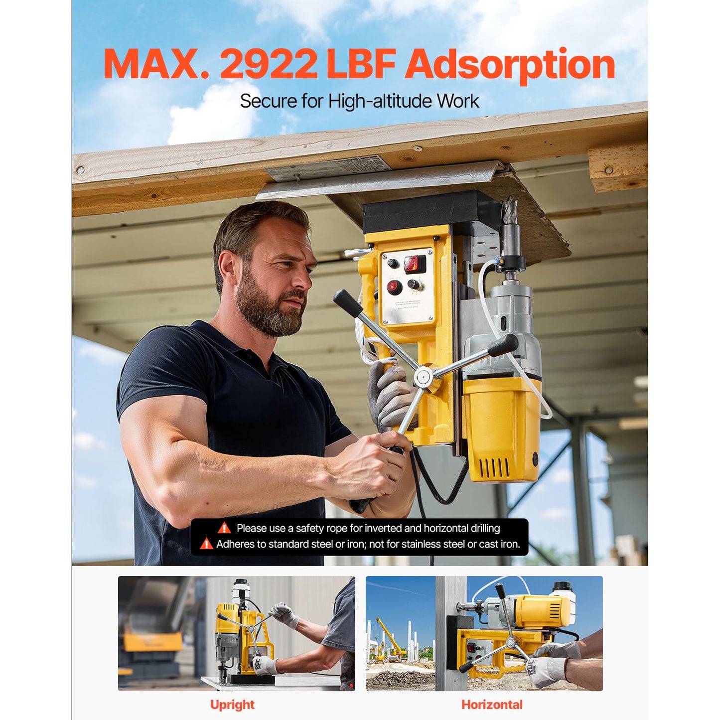 Magnetic Drill, 1400W Motor 2 in Boring Diameter, 2922 lbf Portable Electric Mag Drill Press, 0-750 RPM Variable Speed, Drilling Machine for Metal Surface, Industrial and Home Improvement