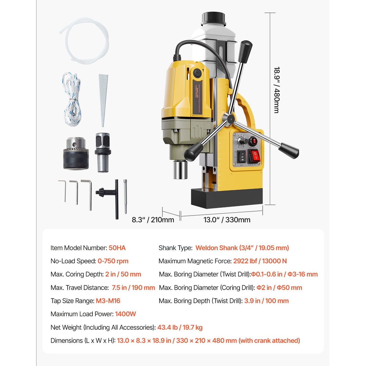Magnetic Drill, 1400W Motor 2 in Boring Diameter, 2922 lbf Portable Electric Mag Drill Press, 0-750 RPM Variable Speed, Drilling Machine for Metal Surface, Industrial and Home Improvement