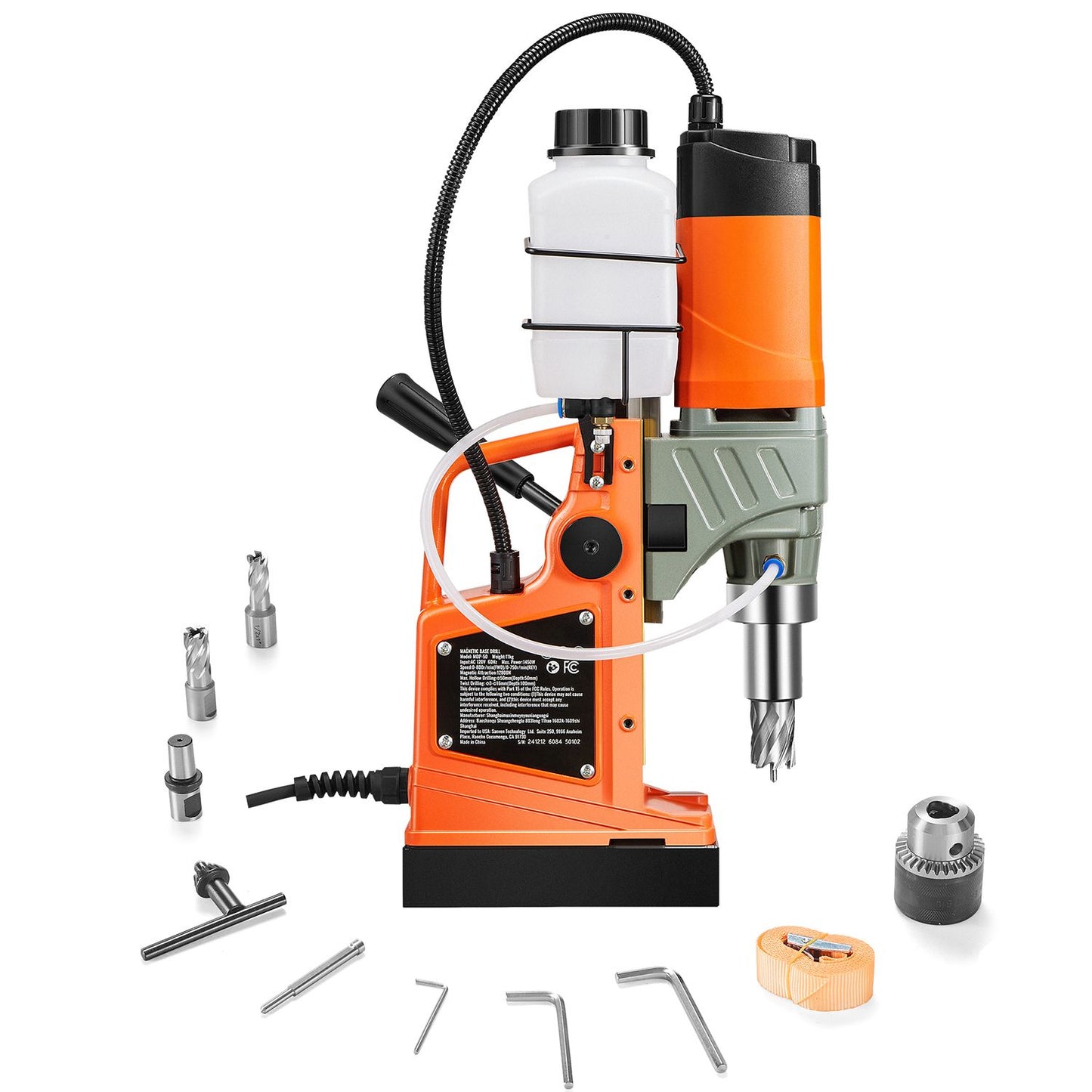 Magnetic Drill, 1450W Motor 1.6 in Boring Diameter, 2810 lbf Portable Electric Mag Drill Press, with 2 Coring Bits, Variable Speed, Drilling Machine for Metal Surface, Home Improvement Industry