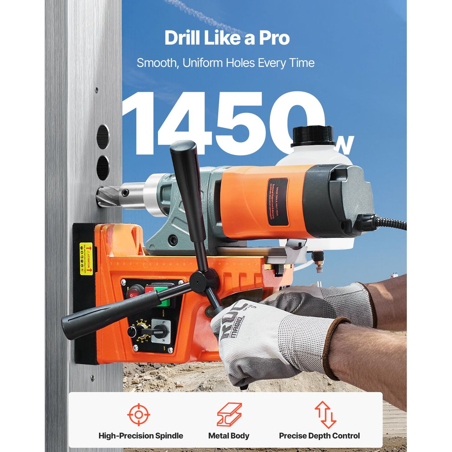Magnetic Drill, 1450W Motor 1.6 in Boring Diameter, 2810 lbf Portable Electric Mag Drill Press, with 2 Coring Bits, Variable Speed, Drilling Machine for Metal Surface, Home Improvement Industry