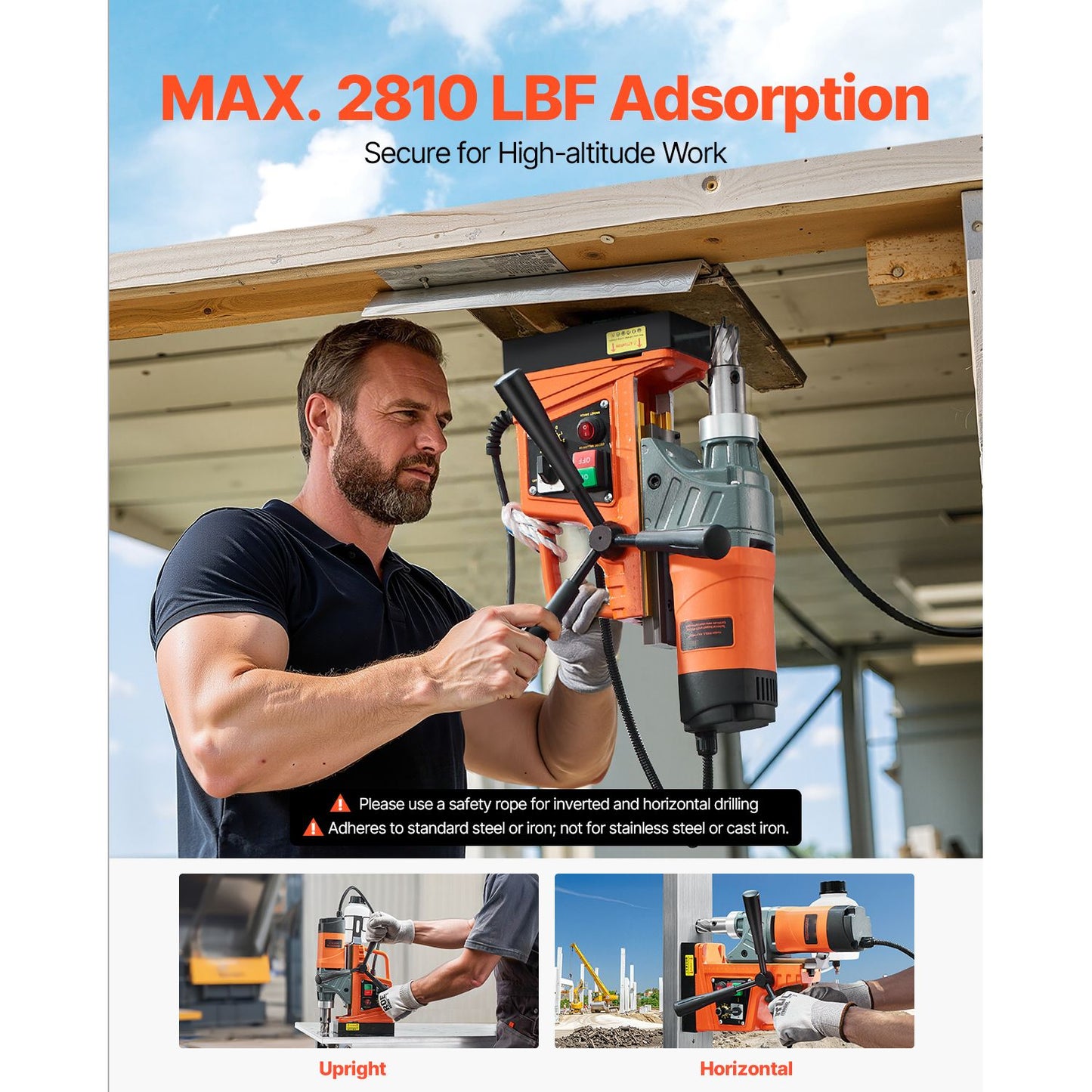 Magnetic Drill, 1450W Motor 1.6 in Boring Diameter, 2810 lbf Portable Electric Mag Drill Press, with 2 Coring Bits, Variable Speed, Drilling Machine for Metal Surface, Home Improvement Industry