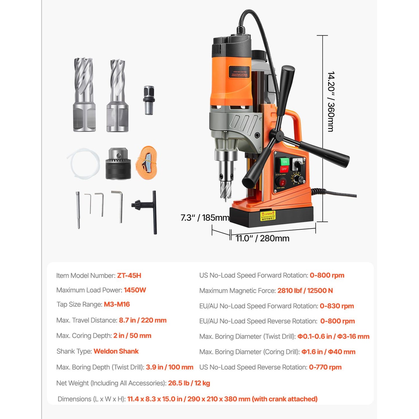 Magnetic Drill, 1450W Motor 1.6 in Boring Diameter, 2810 lbf Portable Electric Mag Drill Press, with 2 Coring Bits, Variable Speed, Drilling Machine for Metal Surface, Home Improvement Industry