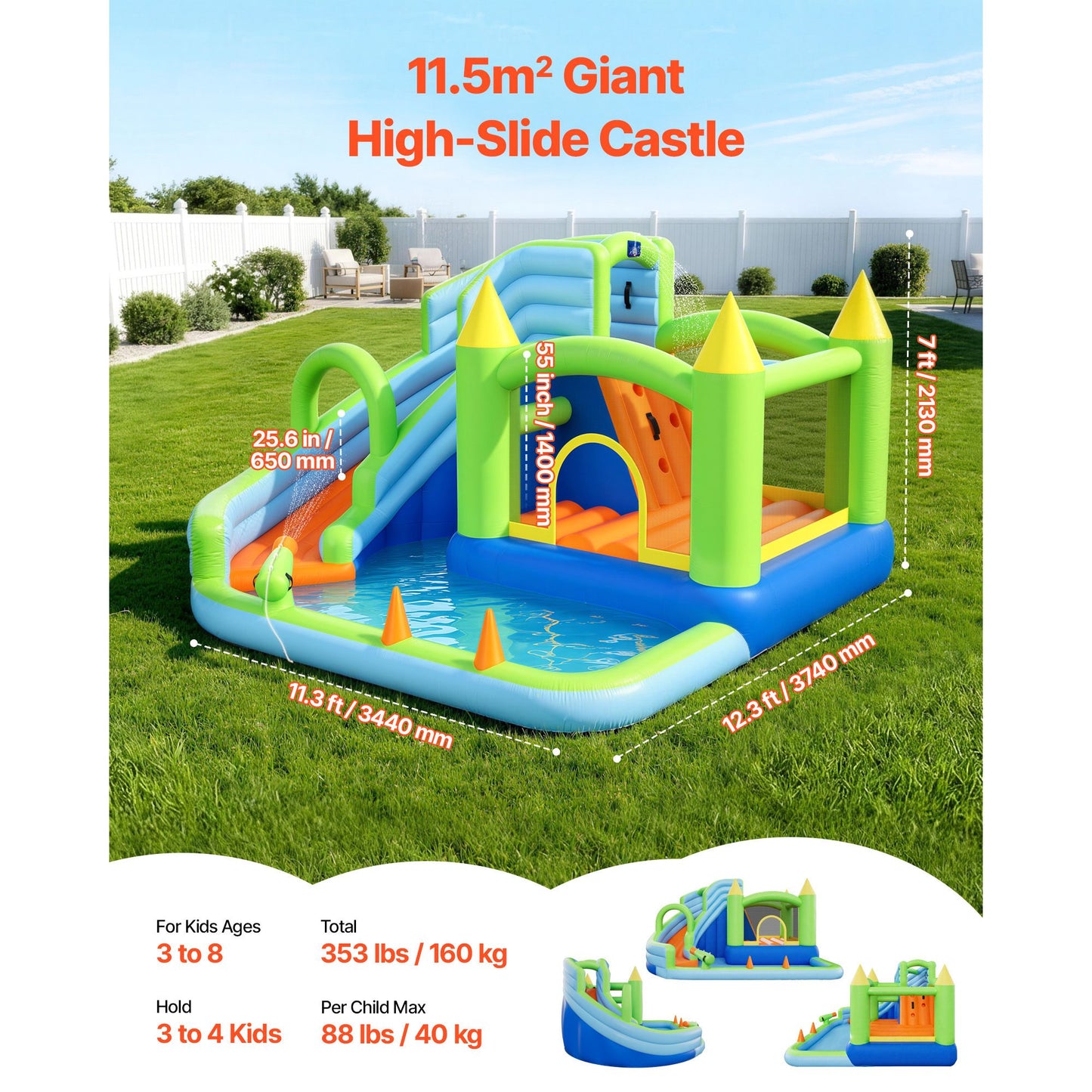 Inflatable Bounce House, 3.4 x 3.74 x 2.13 m Inflatable Bounce House Water Slide, Bouncer Castle with Castle Bounces, Basketball Hoop, Splash Pool & Water Ring Toss, for 3 to 4 Kids Ages 3 to 8