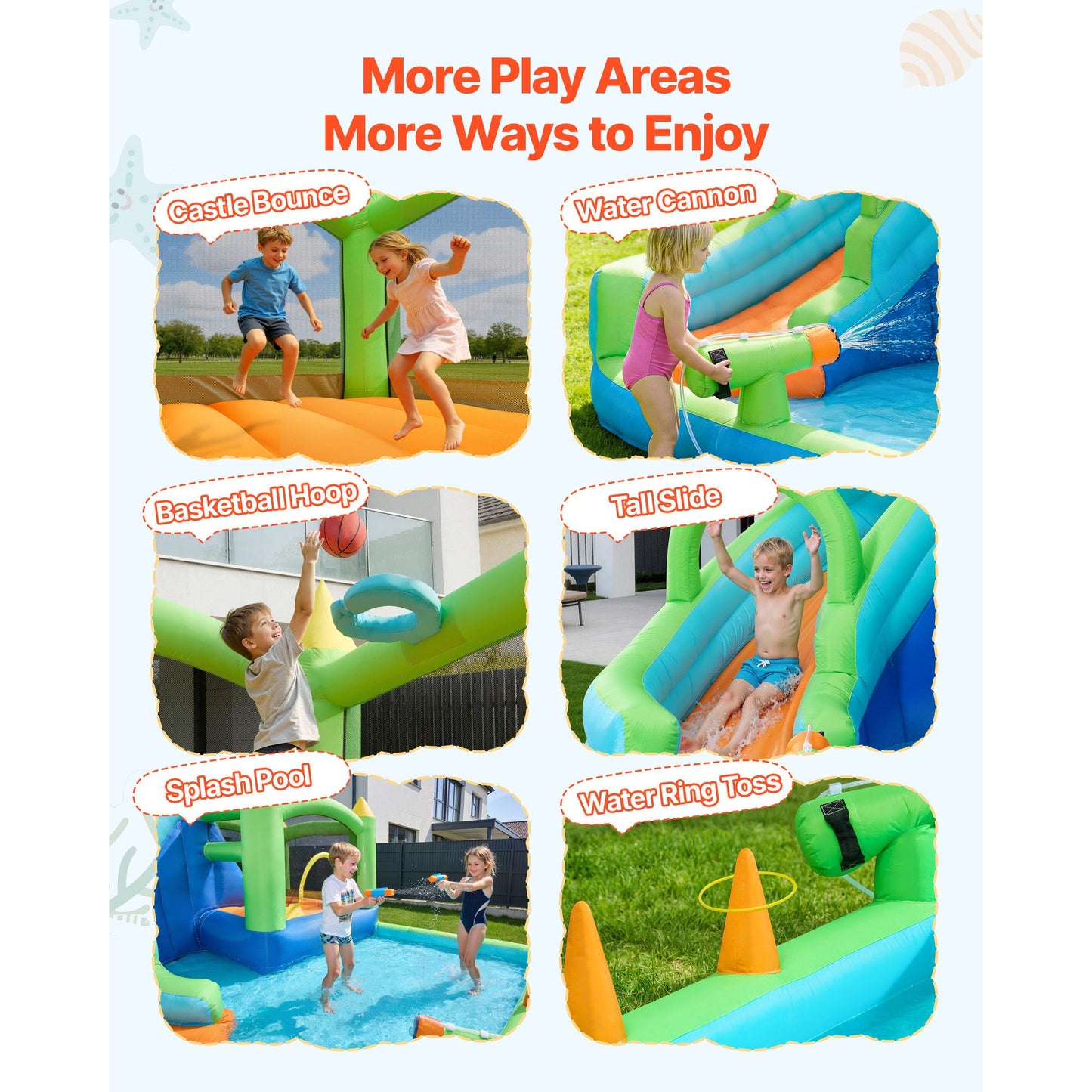Inflatable Bounce House, 3.4 x 3.74 x 2.13 m Inflatable Bounce House Water Slide, Bouncer Castle with Castle Bounces, Basketball Hoop, Splash Pool & Water Ring Toss, for 3 to 4 Kids Ages 3 to 8