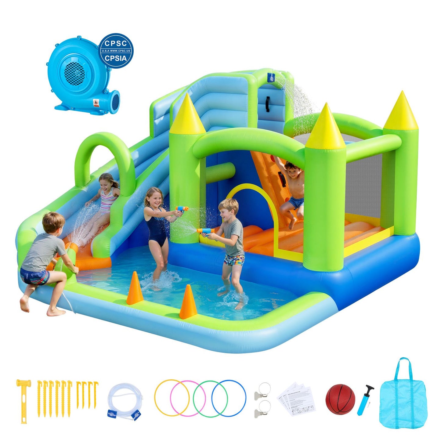 Inflatable Bounce House, 3.4 x 3.74 x 2.13 m Inflatable Bounce House Water Slide, Bouncer Castle with Castle Bounces, Basketball Hoop, Splash Pool & Water Ring Toss, for 3 to 4 Kids Ages 3 to 8