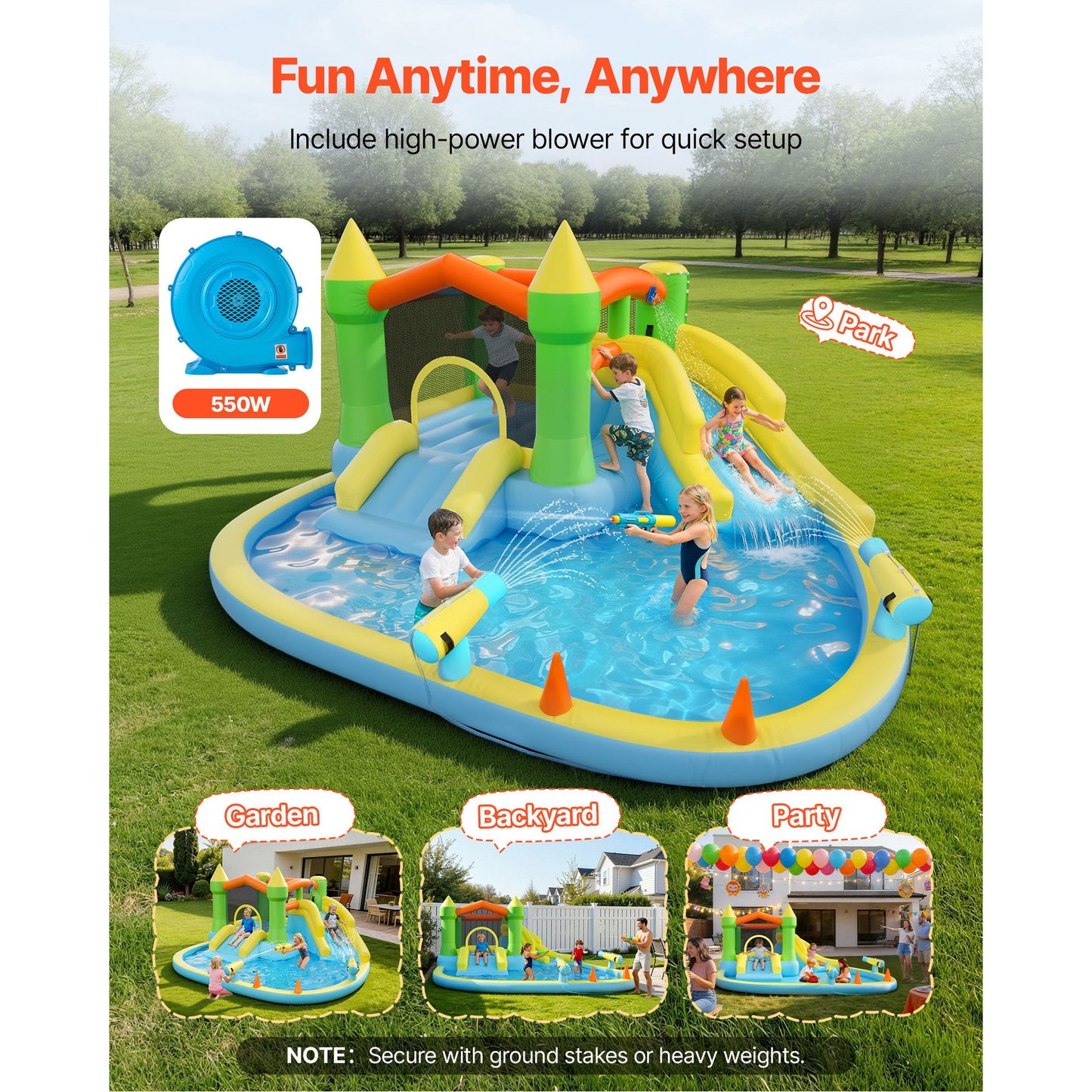 Inflatable Bounce House, 3.82 x 3.98 x 1.97 m Inflatable Bounce House Water Slide, Bouncer Castle with Castle Bounces, Basketball Hoop, Splash Pool & Water Ring Toss, for 3 to 4 Kids Ages 3 to 8