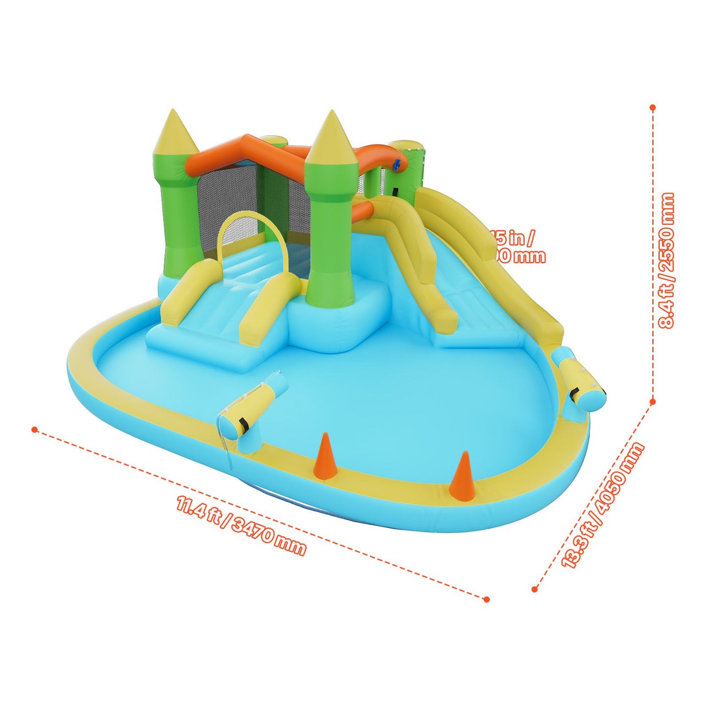 Inflatable Bounce House, 3.82 x 3.98 x 1.97 m Inflatable Bounce House Water Slide, Bouncer Castle with Castle Bounces, Basketball Hoop, Splash Pool & Water Ring Toss, for 3 to 4 Kids Ages 3 to 8