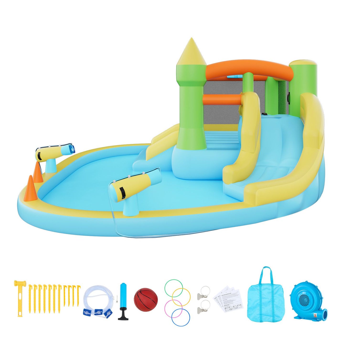 Inflatable Bounce House, 3.82 x 3.98 x 1.97 m Inflatable Bounce House Water Slide, Bouncer Castle with Castle Bounces, Basketball Hoop, Splash Pool & Water Ring Toss, for 3 to 4 Kids Ages 3 to 8