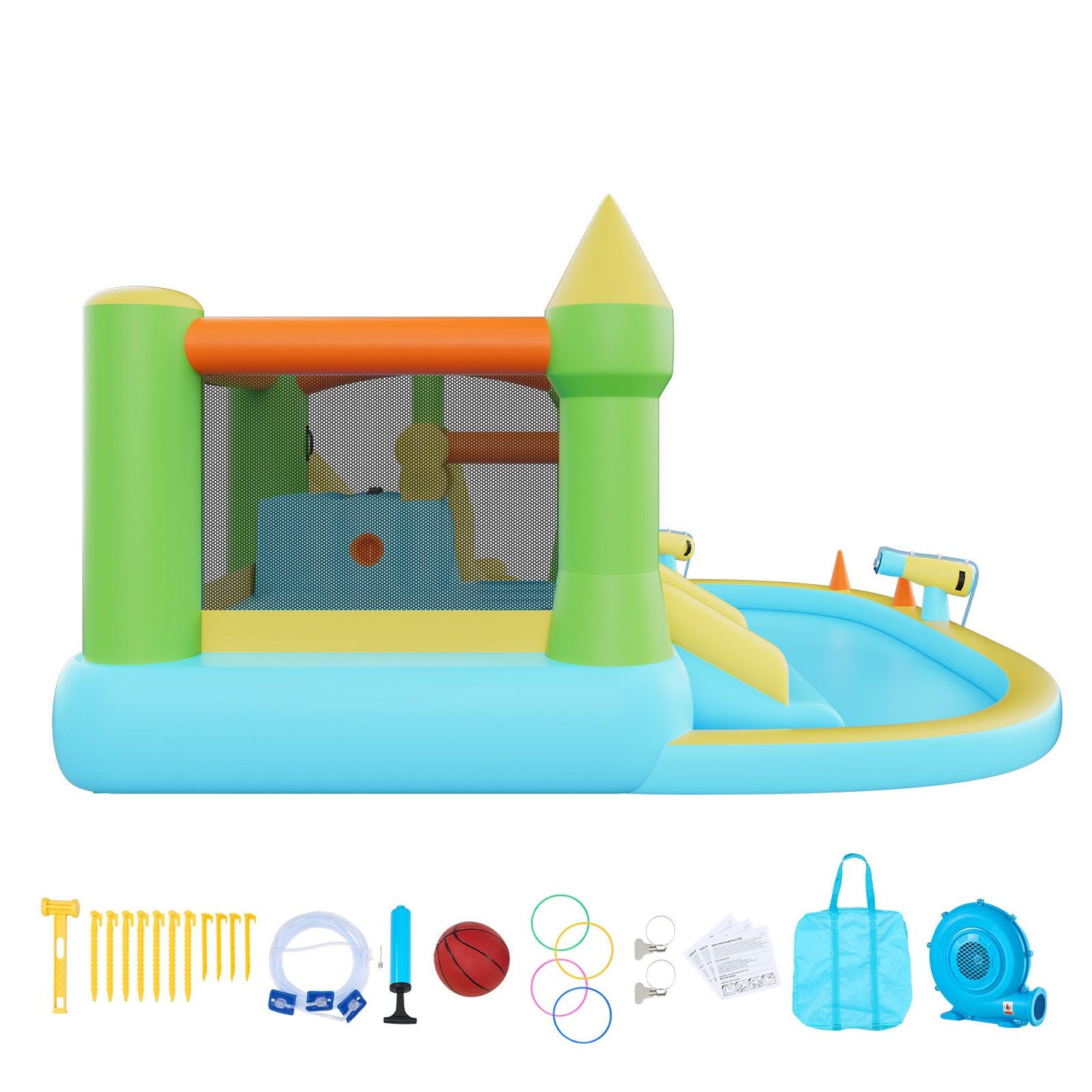 Inflatable Bounce House, 3.82 x 3.98 x 1.97 m Inflatable Bounce House Water Slide, Bouncer Castle with Castle Bounces, Basketball Hoop, Splash Pool & Water Ring Toss, for 3 to 4 Kids Ages 3 to 8