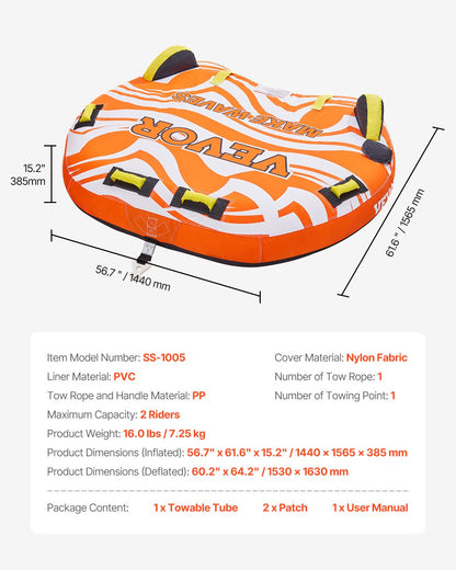 VEVOR Towable Tube for Boating 1-2 Riders Inflatable Boat Tubes and Towables