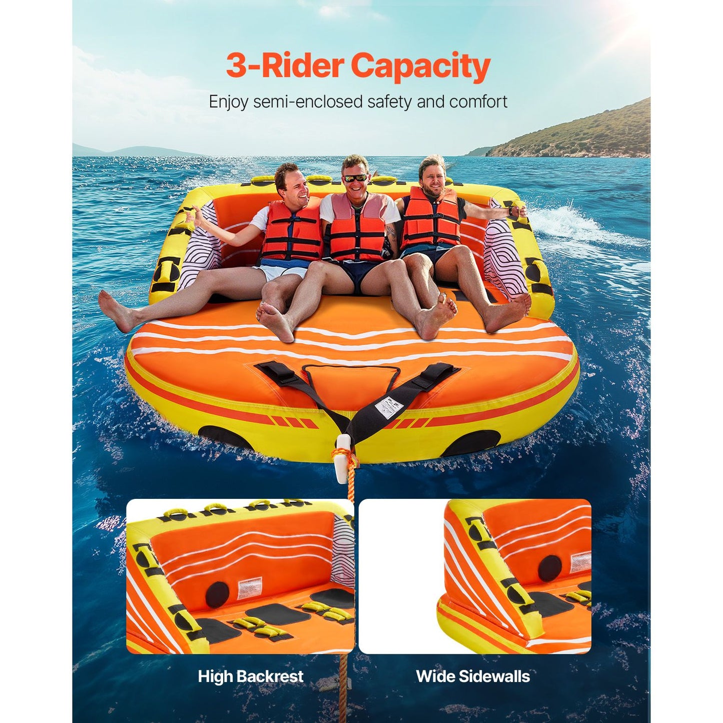 Towable Tube for Boating, 1-3 Riders Inflatable Boat Tubes and Towables, 510lbs Water Sport Towable Tube for Boat to Pull - with Full Nylon Cover, 16 Grab Handles, Dual Tow Points & Safety Valve