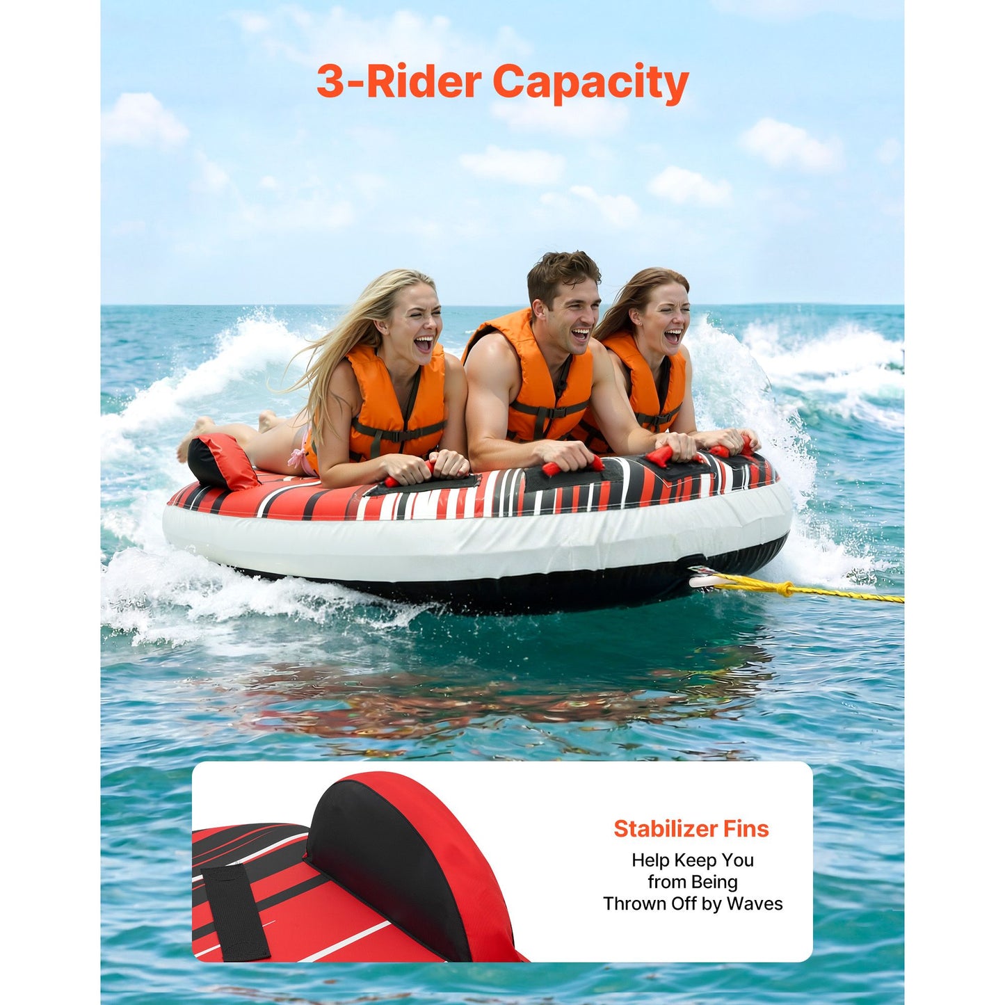 Towable Tube for Boating, 3 Riders Inflatable Boat Tubes and Towables, 231 kg Capacity Water Sport Towable Tube for Boat to Pull - with Fins, Full Nylon Cover, Padded Handles & Safety Valve