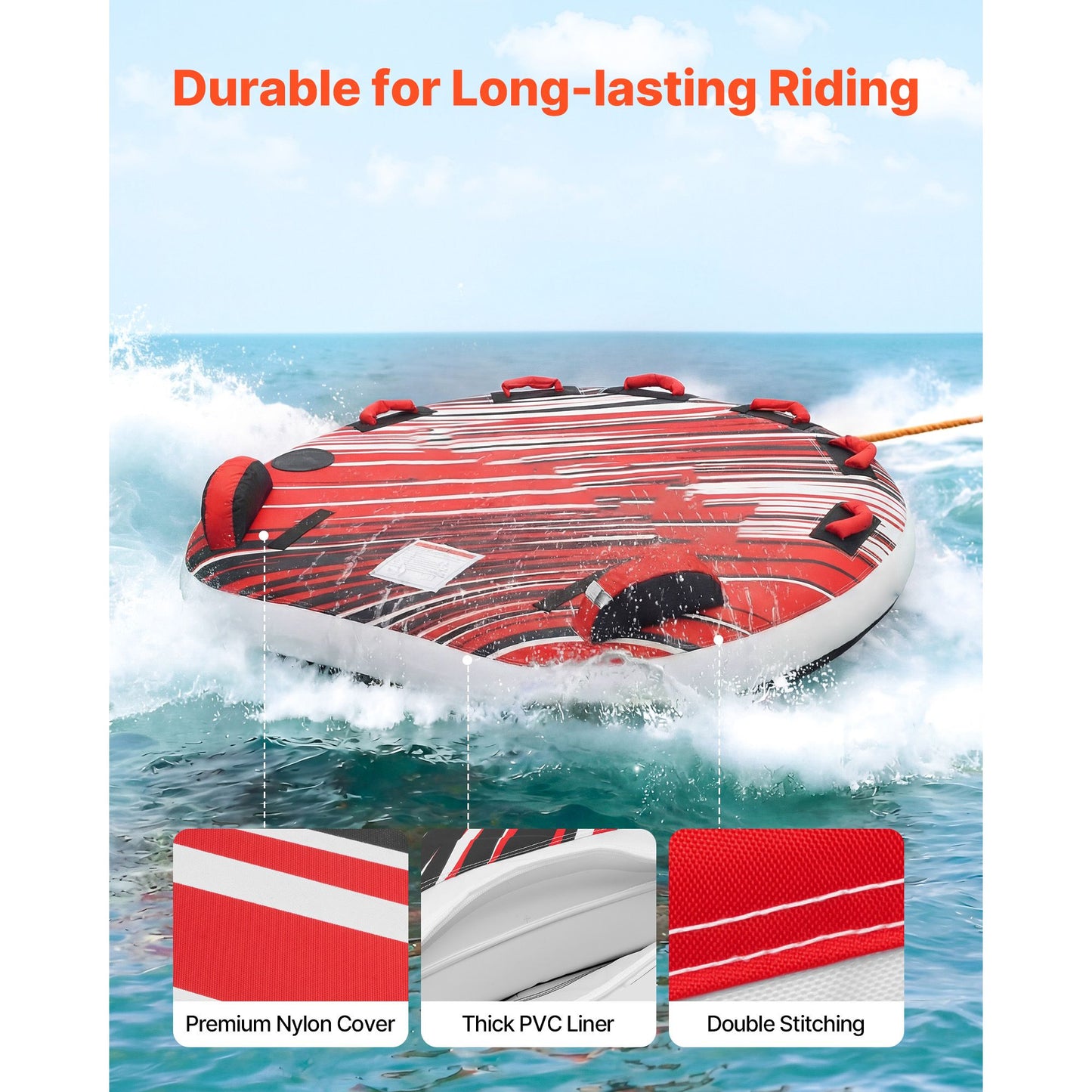 Towable Tube for Boating, 3 Riders Inflatable Boat Tubes and Towables, 231 kg Capacity Water Sport Towable Tube for Boat to Pull - with Fins, Full Nylon Cover, Padded Handles & Safety Valve