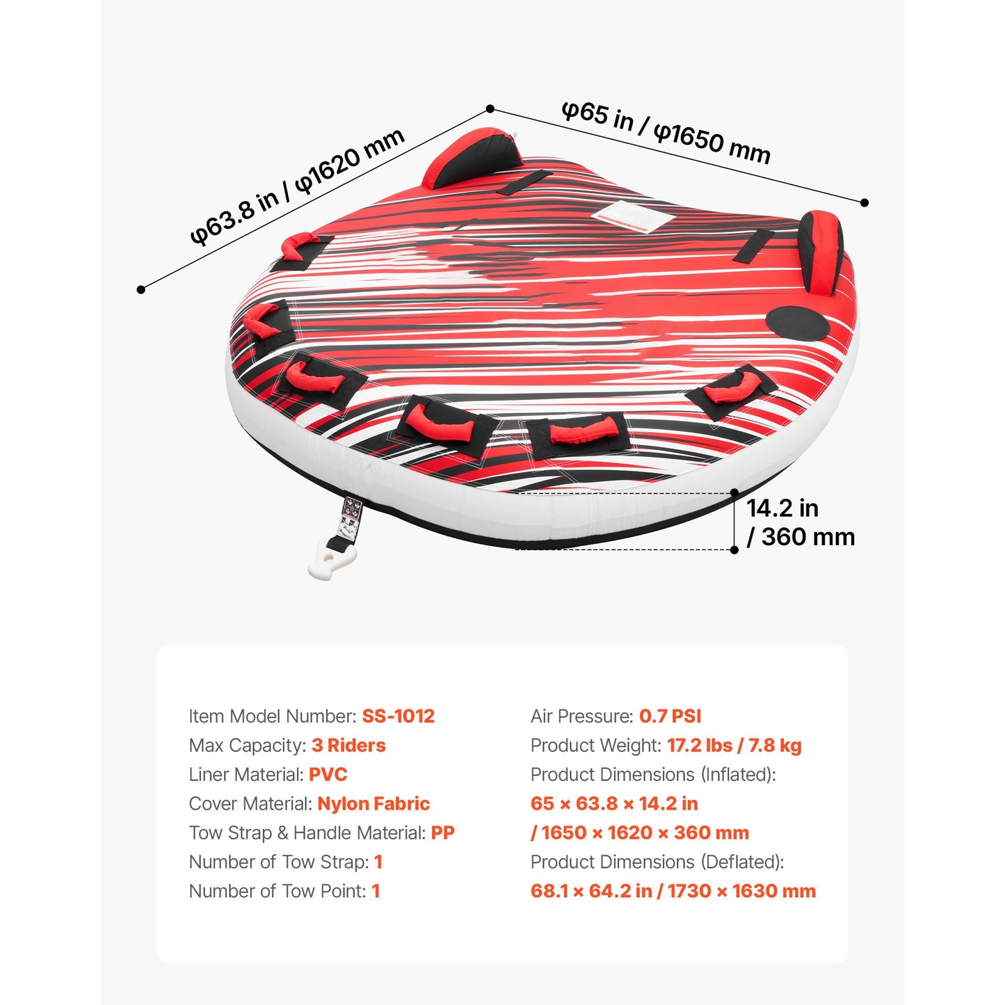 Towable Tube for Boating, 3 Riders Inflatable Boat Tubes and Towables, 231 kg Capacity Water Sport Towable Tube for Boat to Pull - with Fins, Full Nylon Cover, Padded Handles & Safety Valve