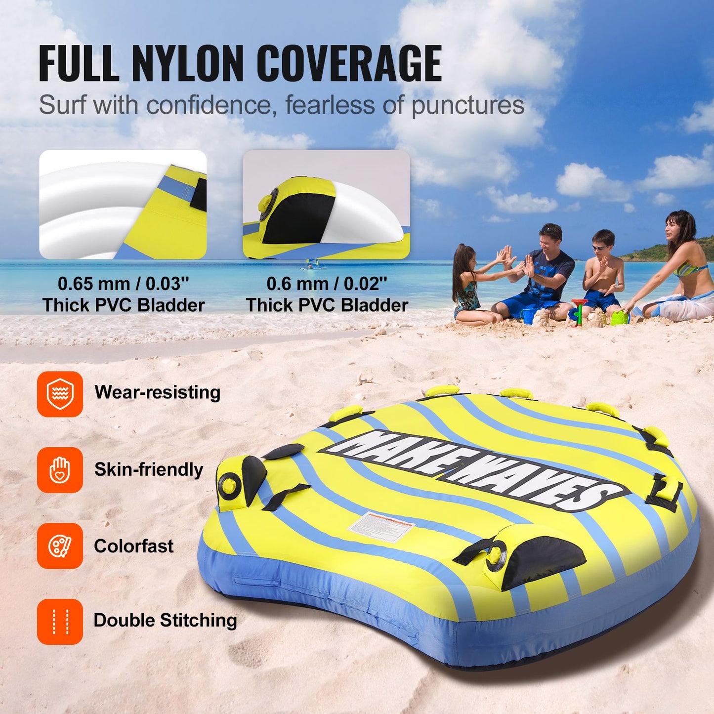 Towable Tube for Boating, 1-3 Riders Inflatable Towable Tube with Bumper Fins, 510 lbs Water Sport Towable Tubes for Boats to Pull, Full Nylon Cover, EVA Grab Handles and Speed Safety Valve