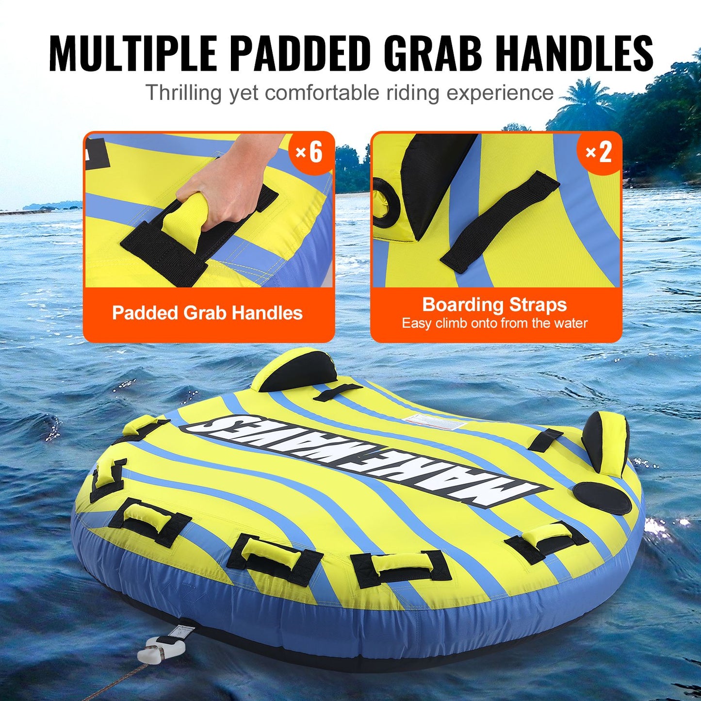 Towable Tube for Boating, 1-3 Riders Inflatable Towable Tube with Bumper Fins, 510 lbs Water Sport Towable Tubes for Boats to Pull, Full Nylon Cover, EVA Grab Handles and Speed Safety Valve