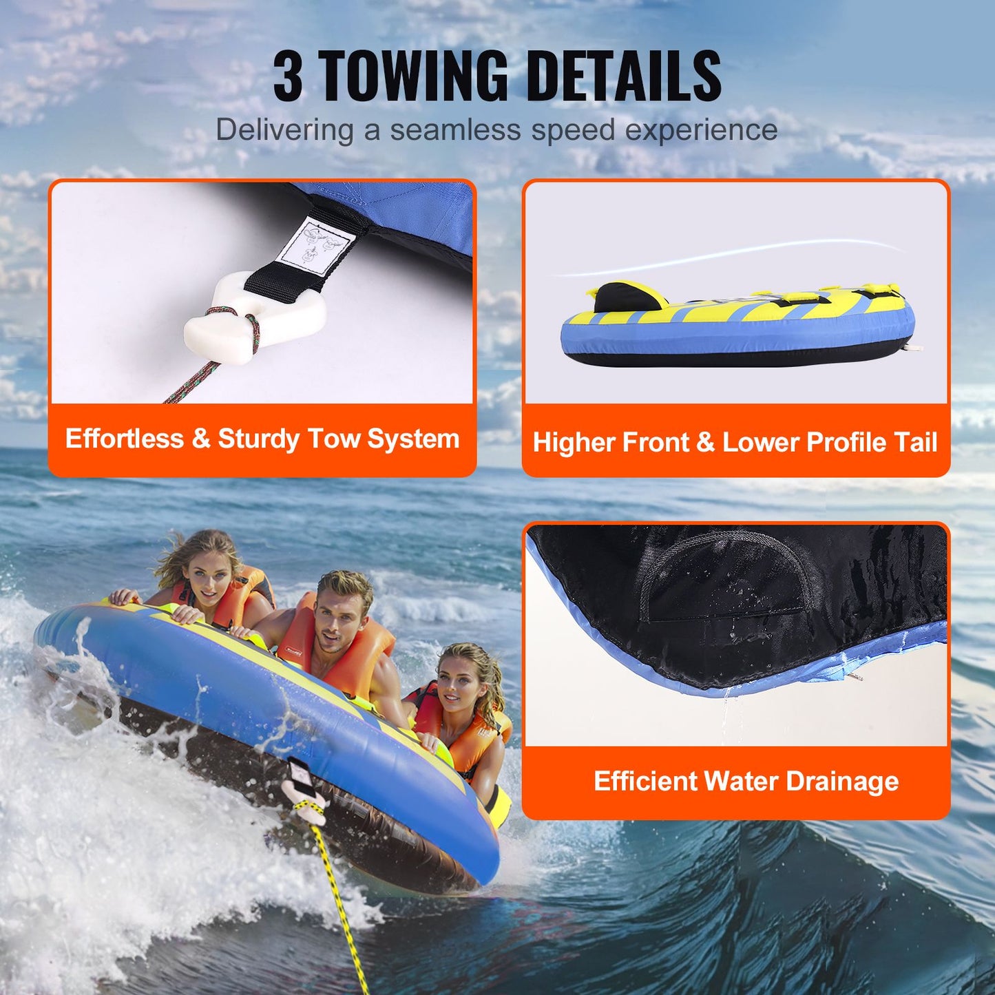 Towable Tube for Boating, 1-3 Riders Inflatable Towable Tube with Bumper Fins, 510 lbs Water Sport Towable Tubes for Boats to Pull, Full Nylon Cover, EVA Grab Handles and Speed Safety Valve