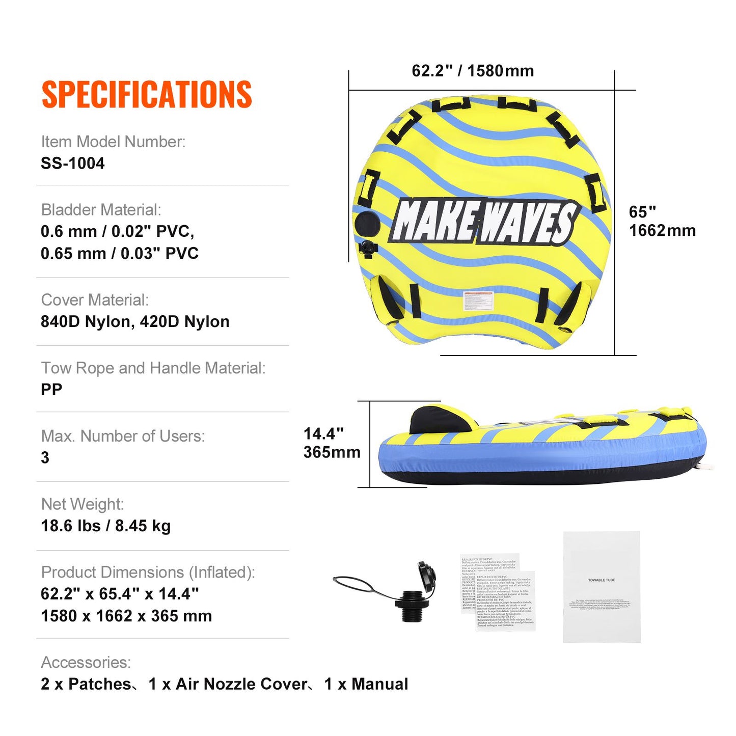 Towable Tube for Boating, 1-3 Riders Inflatable Towable Tube with Bumper Fins, 510 lbs Water Sport Towable Tubes for Boats to Pull, Full Nylon Cover, EVA Grab Handles and Speed Safety Valve