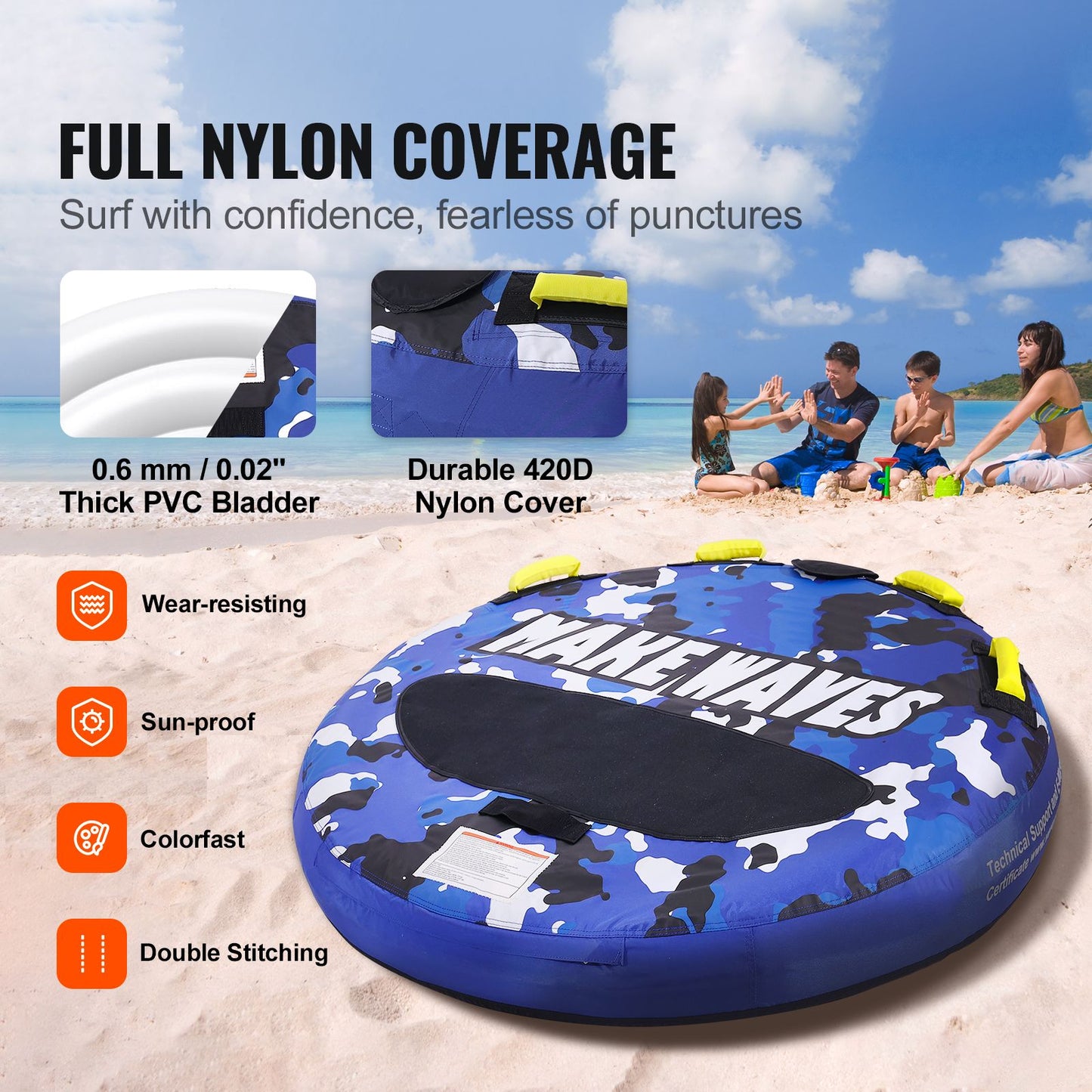 Towable Tube for Boating, 1-2 Riders Inflatable Boat Tubes and Towables, 340 lbs, 51.8" Round Water Sport Towable Tube for Boat to Pull, Full Nylon Cover, EVA Grab Handles and Speed Safety Valve