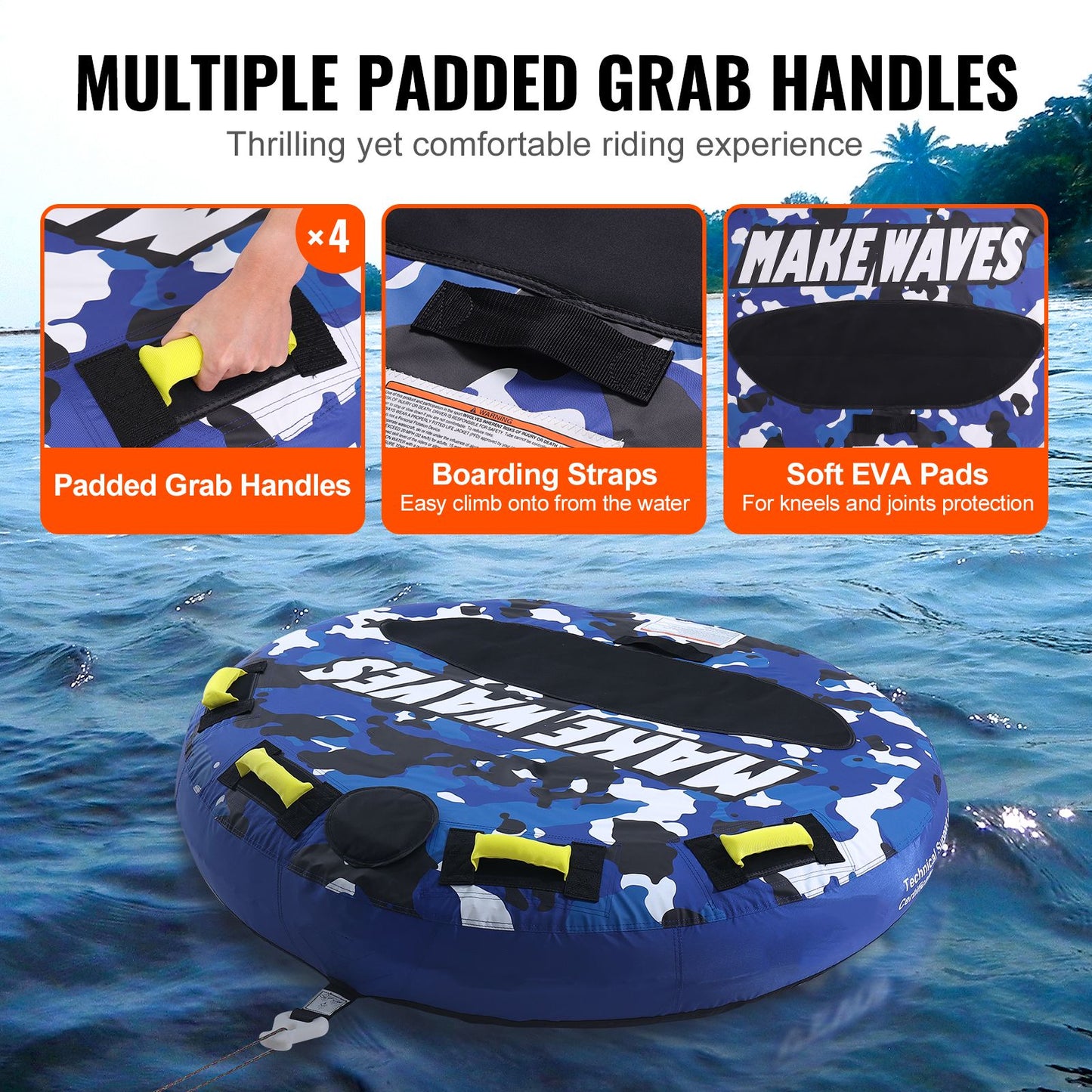 Towable Tube for Boating, 1-2 Riders Inflatable Boat Tubes and Towables, 340 lbs, 51.8" Round Water Sport Towable Tube for Boat to Pull, Full Nylon Cover, EVA Grab Handles and Speed Safety Valve