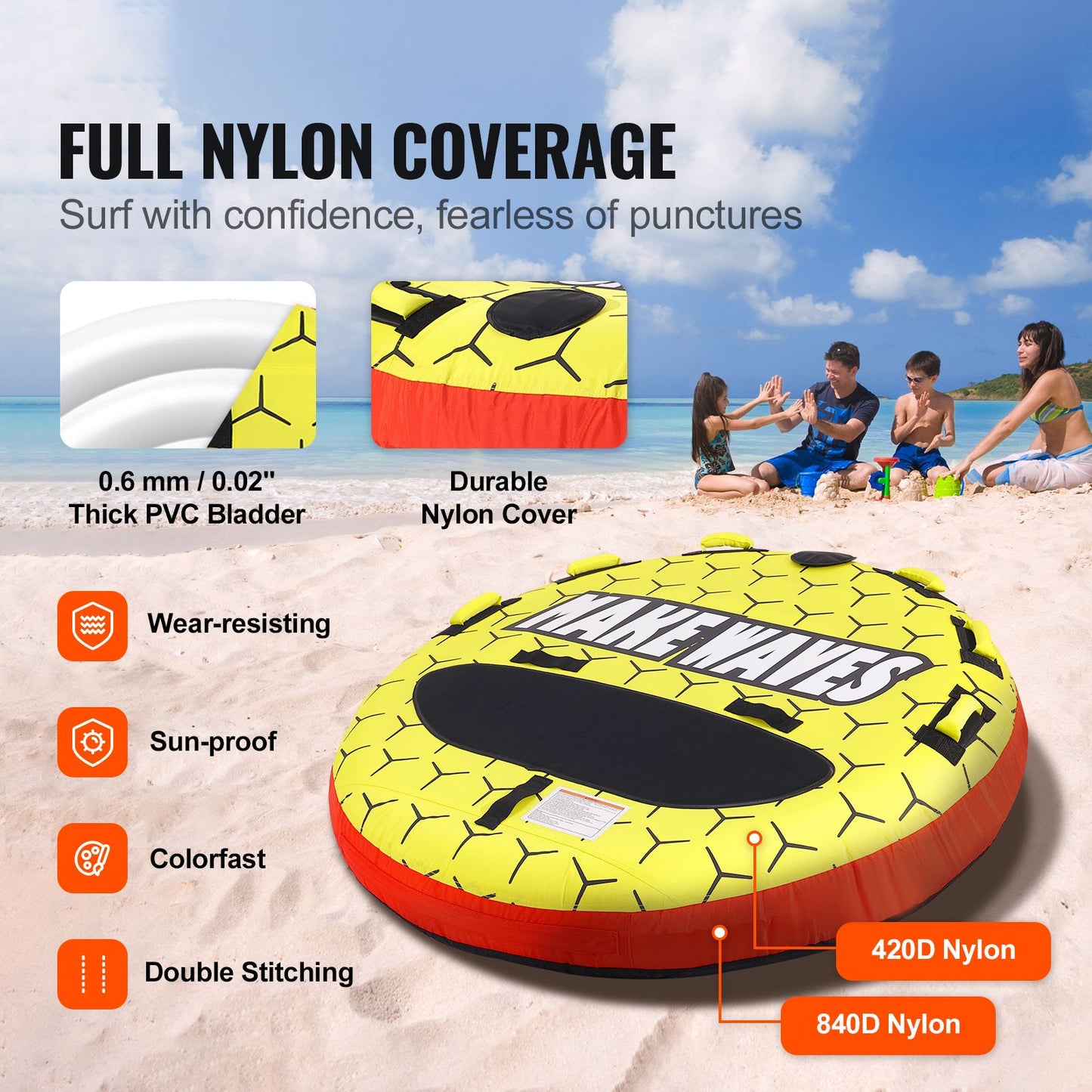 Towable Tube for Boating, 1-3 Riders Inflatable Boat Tubes and Towables, 510 lbs, 63" Round Water Sport Towable Tubes for Boats to Pull, Full Nylon Cover, EVA Grab Handles and Speed Safety Valve
