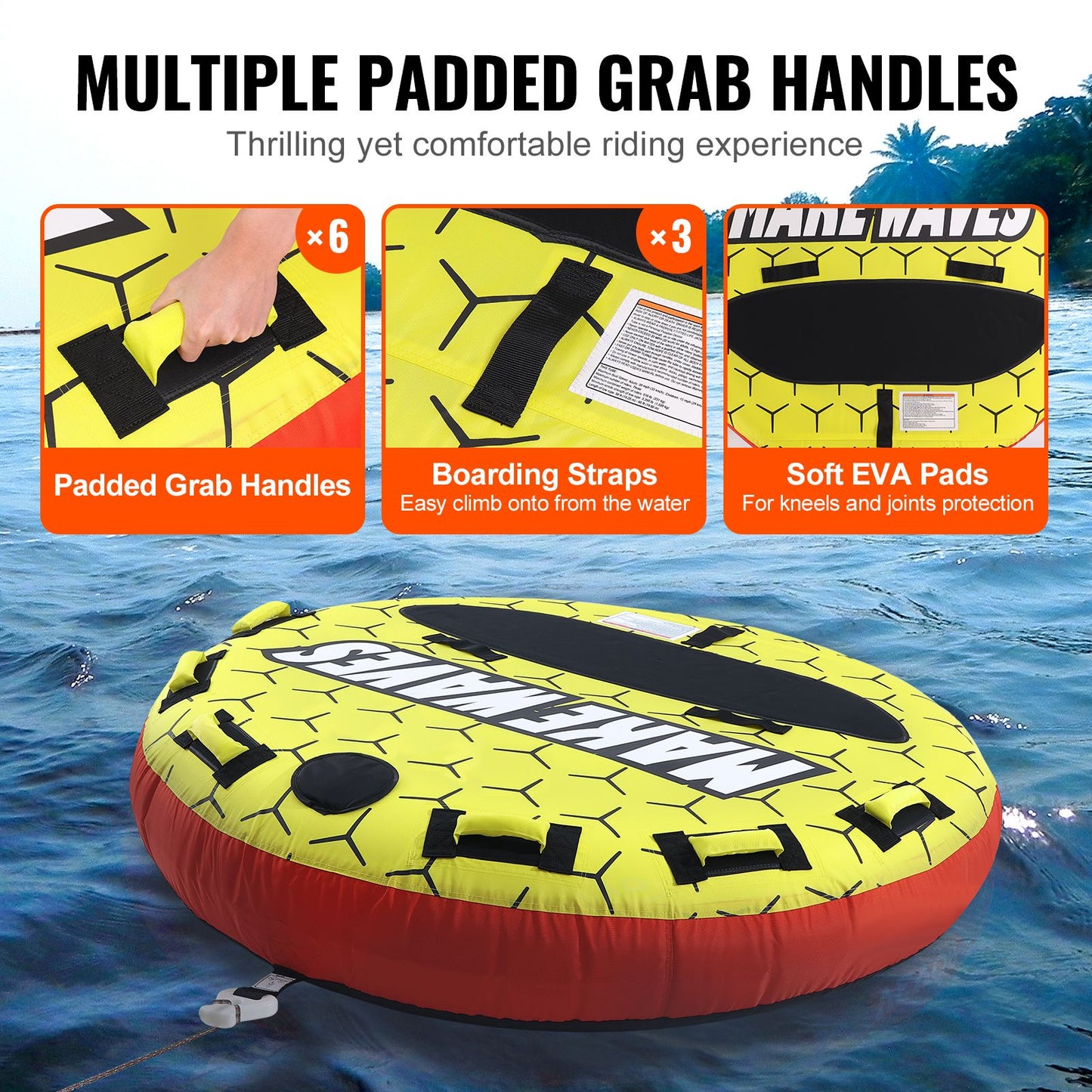 Towable Tube for Boating, 1-3 Riders Inflatable Boat Tubes and Towables, 510 lbs, 63" Round Water Sport Towable Tubes for Boats to Pull, Full Nylon Cover, EVA Grab Handles and Speed Safety Valve