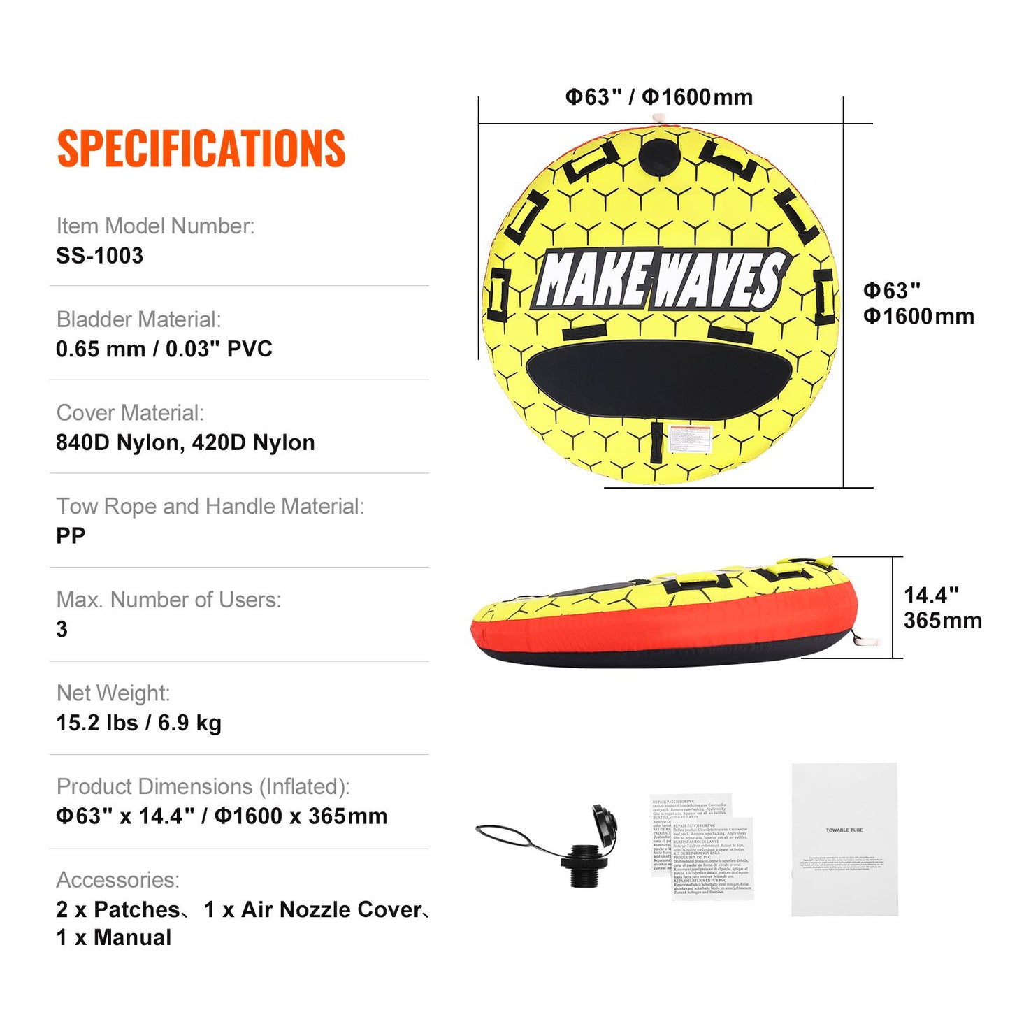 Towable Tube for Boating, 1-3 Riders Inflatable Boat Tubes and Towables, 510 lbs, 63" Round Water Sport Towable Tubes for Boats to Pull, Full Nylon Cover, EVA Grab Handles and Speed Safety Valve