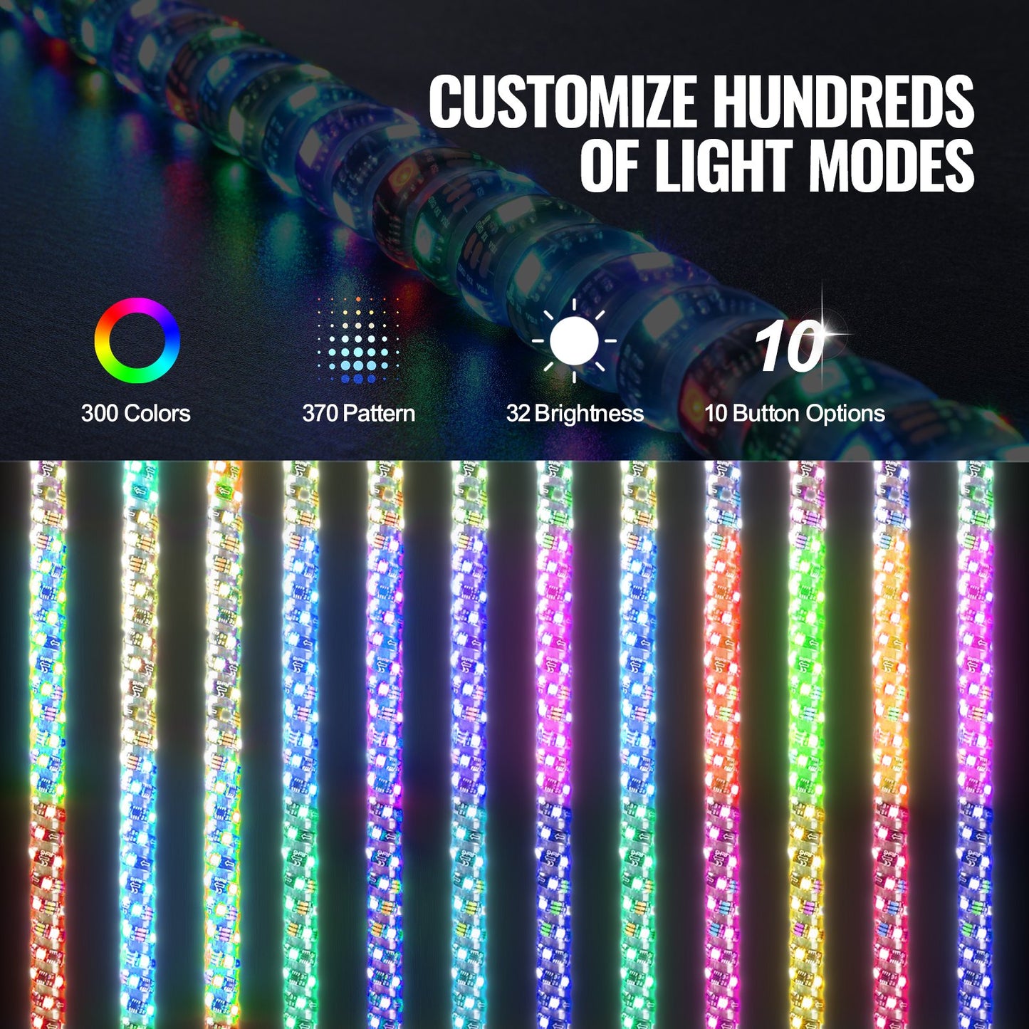 VEVOR 2 PCS 5 FT Whip Light, APP & RF Remote Control Led Whip Light, Waterproof Spiral RGB Chasing Lighted Whips with 4 Flags, for UTVs, ATVs, Motorcycles, RZR, Can-am, Trucks, Off-road, Go-karts