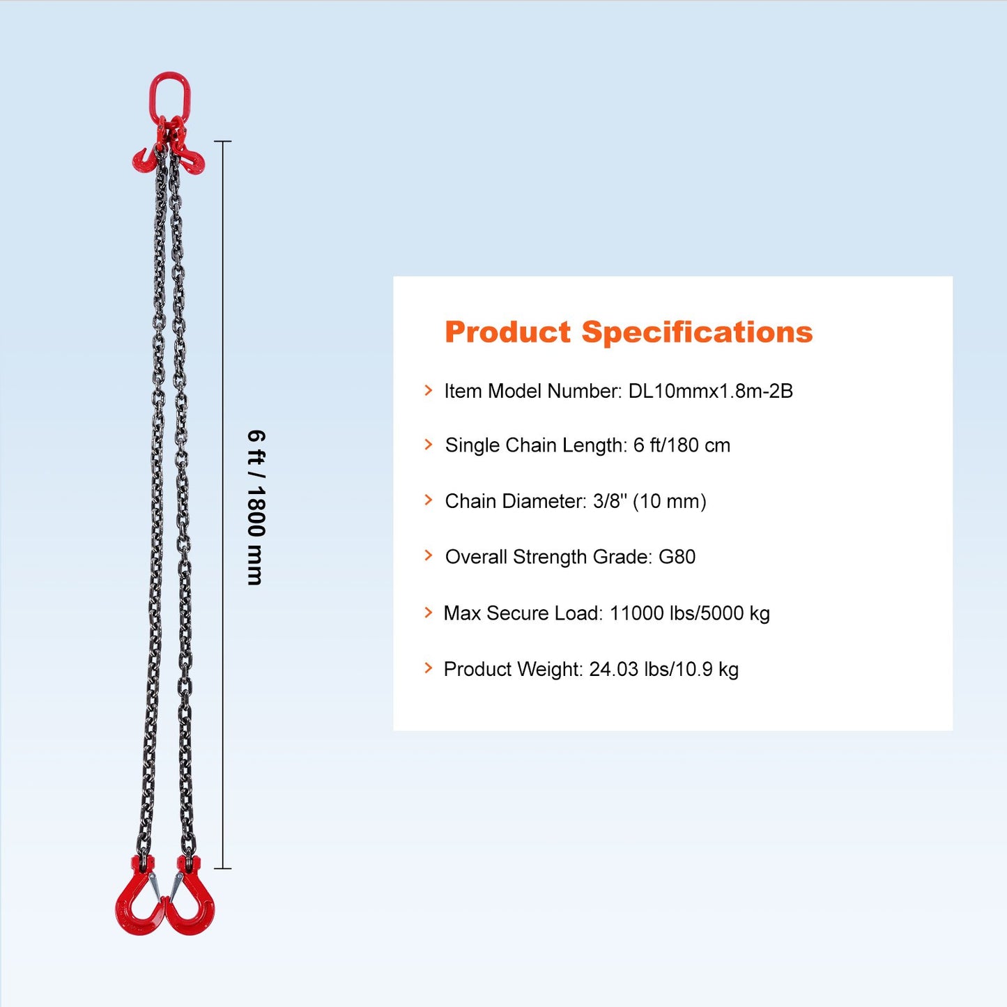 Chain Sling, 10 mm x 180 cm Lifting Chains with Hooks, G80 Engine Chain Hoist Lifts, 5 Ton Lifting Sling Chains for Engine Hoist, Engine Lift Chain with 2 Leg Grab Hooks and Adjusters Heavy Duty