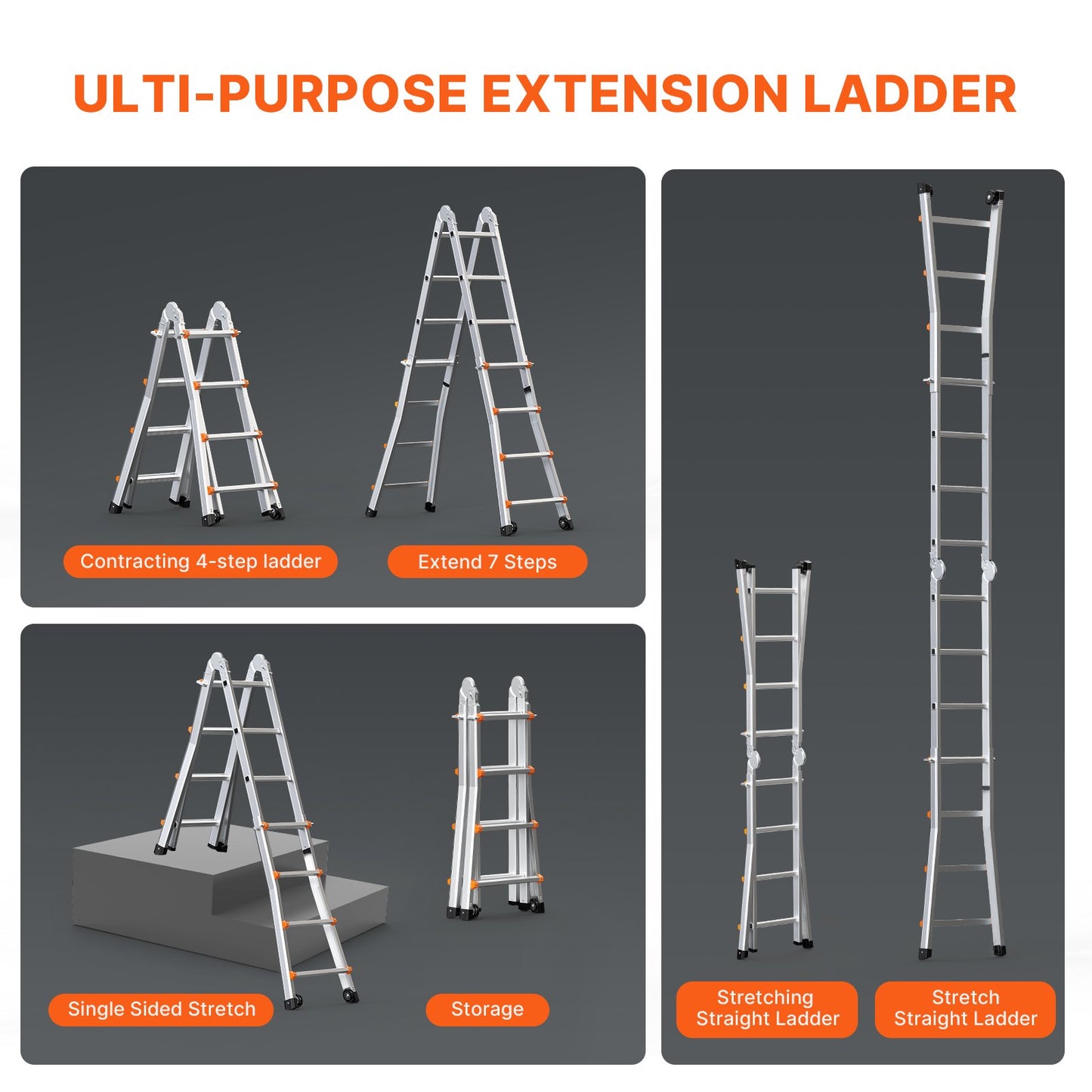 VEVOR Telescoping Ladder A Frame, 13 FT Compact Aluminum Extension Ladder, Multi-Function Portable Collapsible RV Ladder, Telescopic Ladder for Homework Stairs Indoor Outdoor Roof, 330lb Load