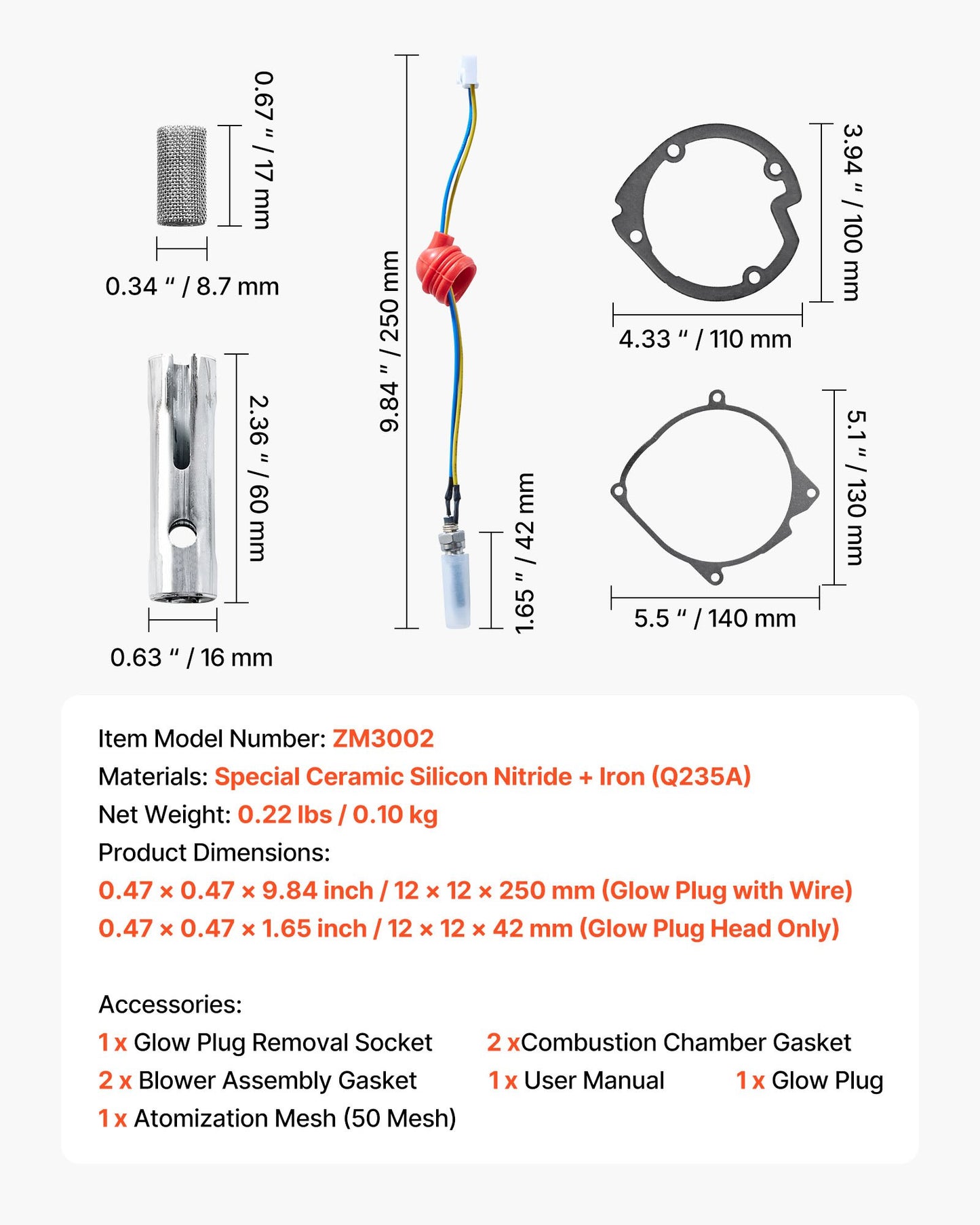 VEVOR 8V Glow Plug Repair Kit, Glow Plug Heater Repair Parking Heater Maintenance Kit with Atomization Mesh, Compatible with 2KW 5KW 8KW Diesel Air Heaters Models, Diesel Heaters Parts for Car Truck
