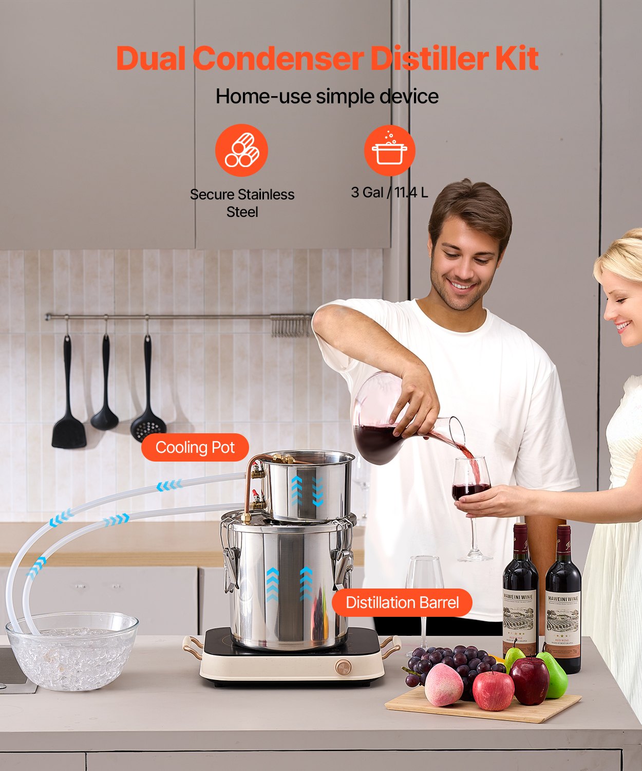 VEVOR Moonshine Still 3 Gal Water Alcohol Distiller Brewing Kit Stainless Steel