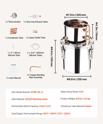 VEVOR Moonshine Still 3 Gal Water Alcohol Distiller Brewing Kit Stainless Steel