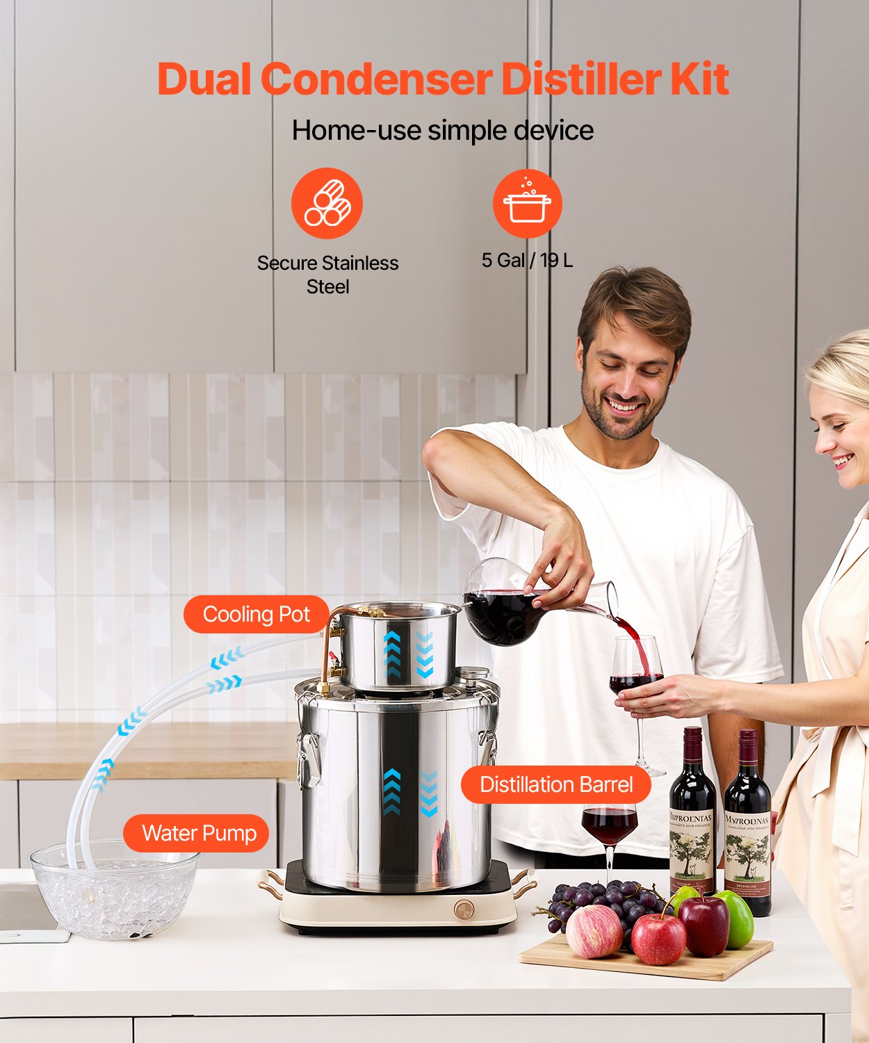 VEVOR Moonshine Still 5 Gal Water Alcohol Distiller Brewing Kit Stainless Steel