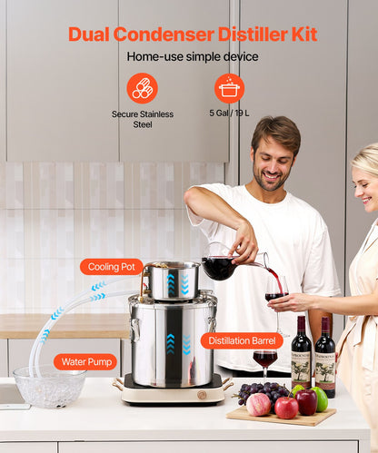 VEVOR Moonshine Still 5 Gal Water Alcohol Distiller Brewing Kit Stainless Steel