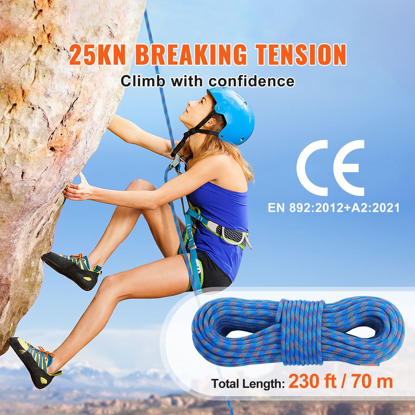 10.2mm Dynamic Climbing Rope, 70M(230ft) Outdoor Rock Climbing Rope 25KN Breaking Tension, Stretchable Fiber Rope with Steel Snap Hooks for Escape, Rappelling, Fire Rescue, Blue