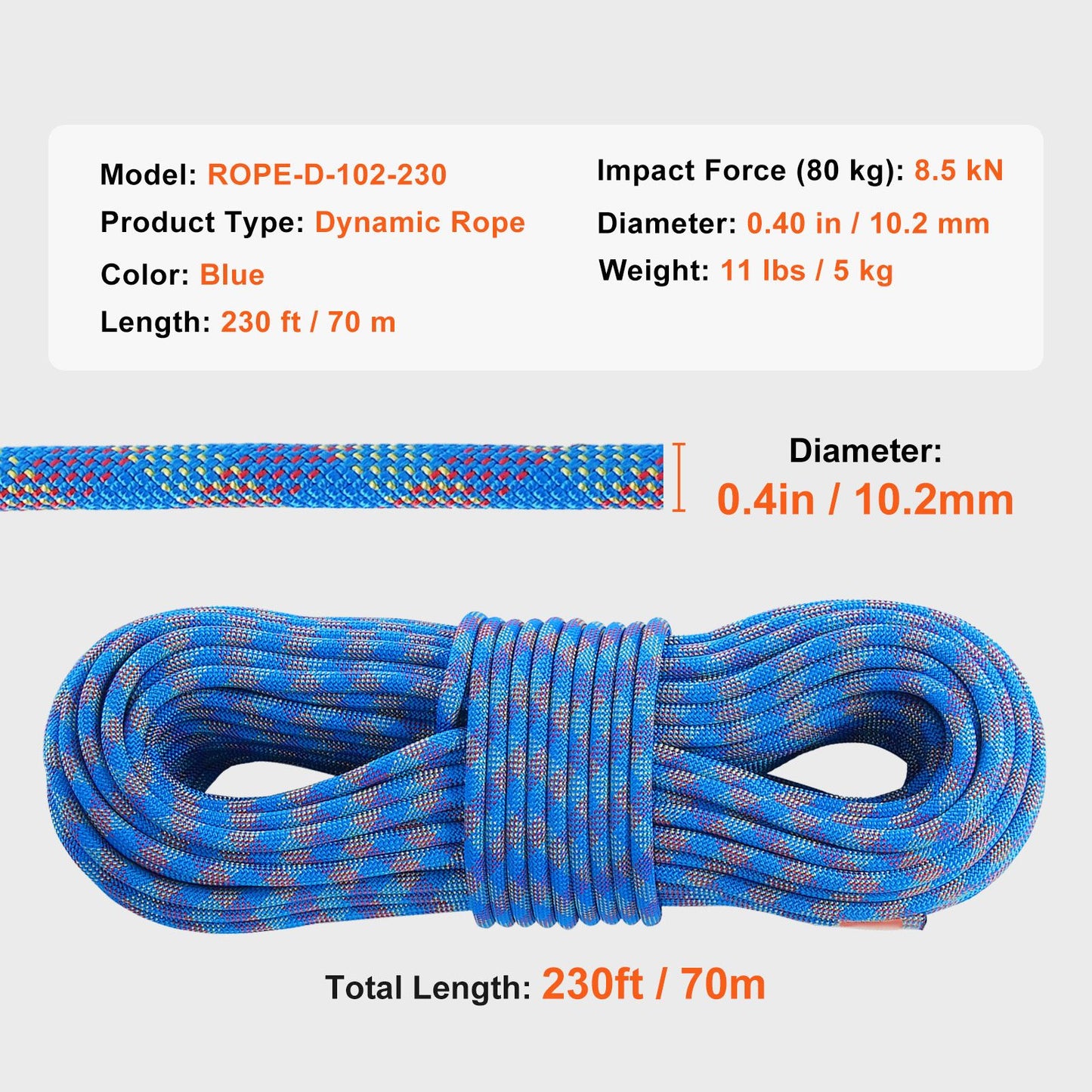 10.2mm Dynamic Climbing Rope, 70M(230ft) Outdoor Rock Climbing Rope 25KN Breaking Tension, Stretchable Fiber Rope with Steel Snap Hooks for Escape, Rappelling, Fire Rescue, Blue