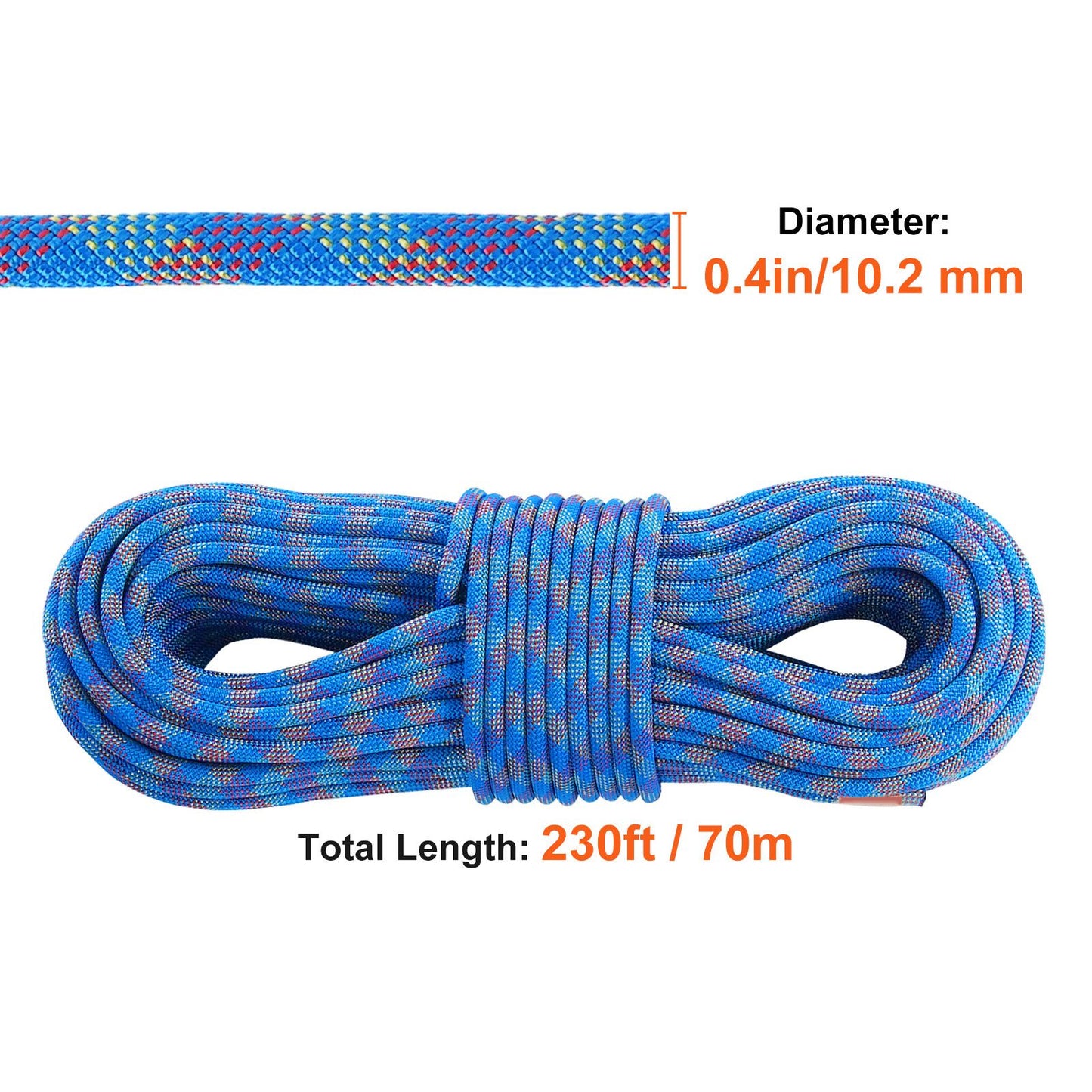 10.2mm Dynamic Climbing Rope, 70M(230ft) Outdoor Rock Climbing Rope 25KN Breaking Tension, Stretchable Fiber Rope with Steel Snap Hooks for Escape, Rappelling, Fire Rescue, Blue