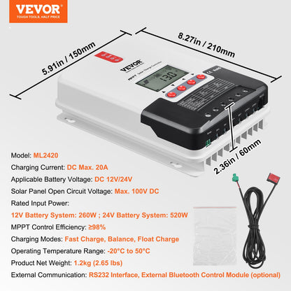 VEVOR 20A MPPT Solar Charge Controller, Auto DC Input, Solar Panel Regulator Charger with LCD Display Temperature Sensor Cable, for Sealed(AGM), Gel, Flooded and Lithium Battery Charging