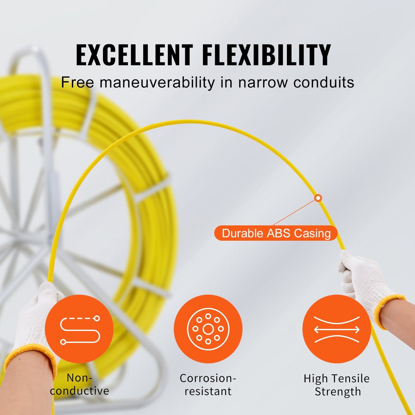 VEVOR  Tape Fiberglass, 129.5 m, 6.35 mm, Duct Rodder  Wire Puller, Cable Running Rod with Steel Reel Stand, 3 Pulling Heads, reach Tools for Walls and Electrical Conduit, Non-Conductive