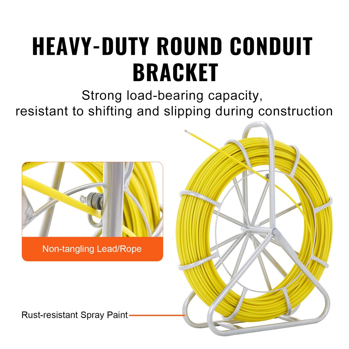 VEVOR  Tape Fiberglass, 129.5 m, 6.35 mm, Duct Rodder  Wire Puller, Cable Running Rod with Steel Reel Stand, 3 Pulling Heads, reach Tools for Walls and Electrical Conduit, Non-Conductive