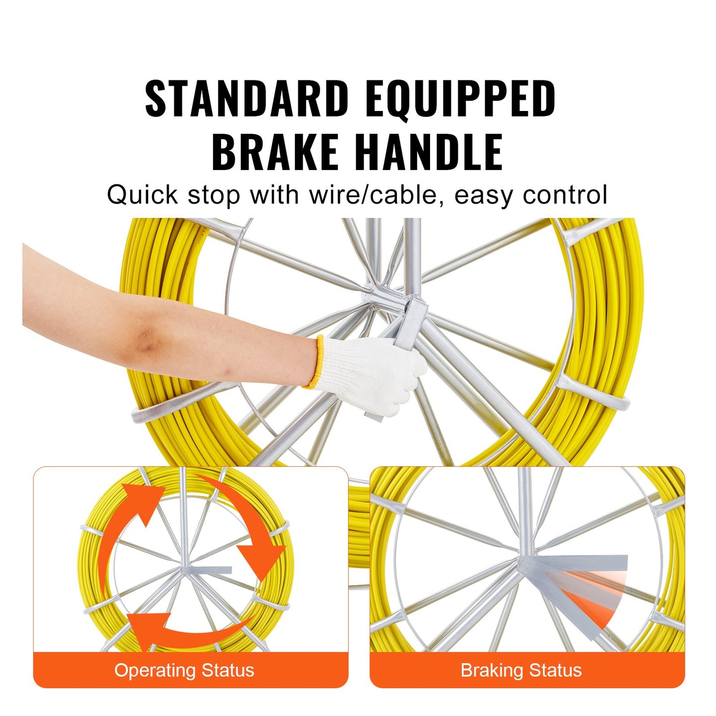 VEVOR  Tape Fiberglass, 129.5 m, 6.35 mm, Duct Rodder  Wire Puller, Cable Running Rod with Steel Reel Stand, 3 Pulling Heads, reach Tools for Walls and Electrical Conduit, Non-Conductive