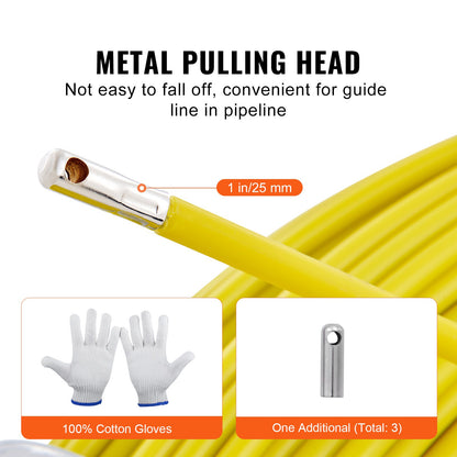 VEVOR  Tape Fiberglass, 129.5 m, 6.35 mm, Duct Rodder  Wire Puller, Cable Running Rod with Steel Reel Stand, 3 Pulling Heads, reach Tools for Walls and Electrical Conduit, Non-Conductive