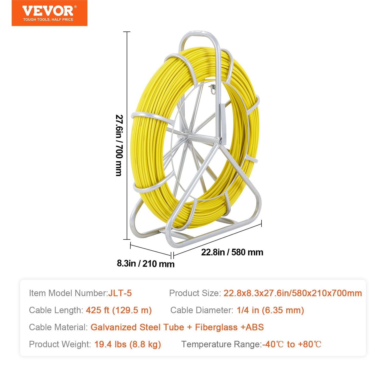 VEVOR  Tape Fiberglass, 129.5 m, 6.35 mm, Duct Rodder  Wire Puller, Cable Running Rod with Steel Reel Stand, 3 Pulling Heads, reach Tools for Walls and Electrical Conduit, Non-Conductive