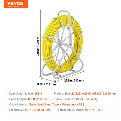 VEVOR  Tape Fiberglass, 129.5 m, 6.35 mm, Duct Rodder  Wire Puller, Cable Running Rod with Steel Reel Stand, 3 Pulling Heads, reach Tools for Walls and Electrical Conduit, Non-Conductive