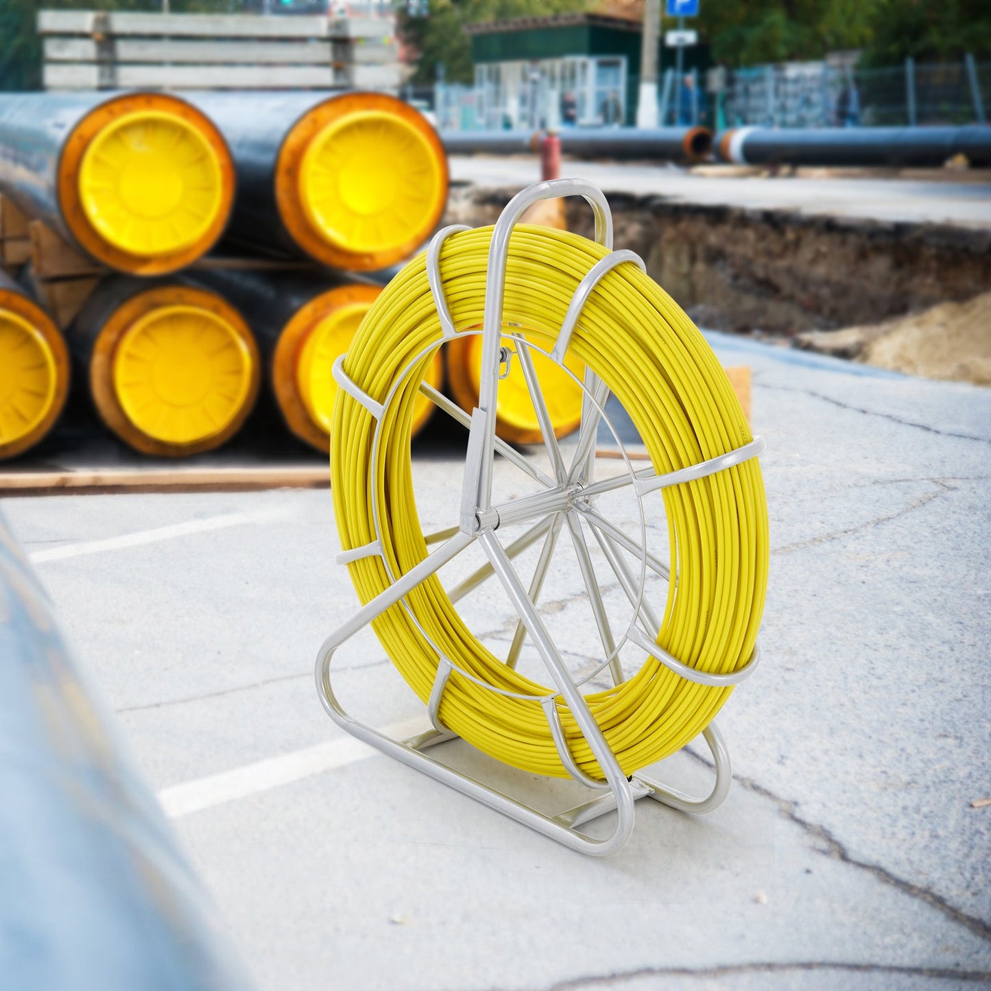 VEVOR  Tape Fiberglass, 129.5 m, 6.35 mm, Duct Rodder  Wire Puller, Cable Running Rod with Steel Reel Stand, 3 Pulling Heads, reach Tools for Walls and Electrical Conduit, Non-Conductive