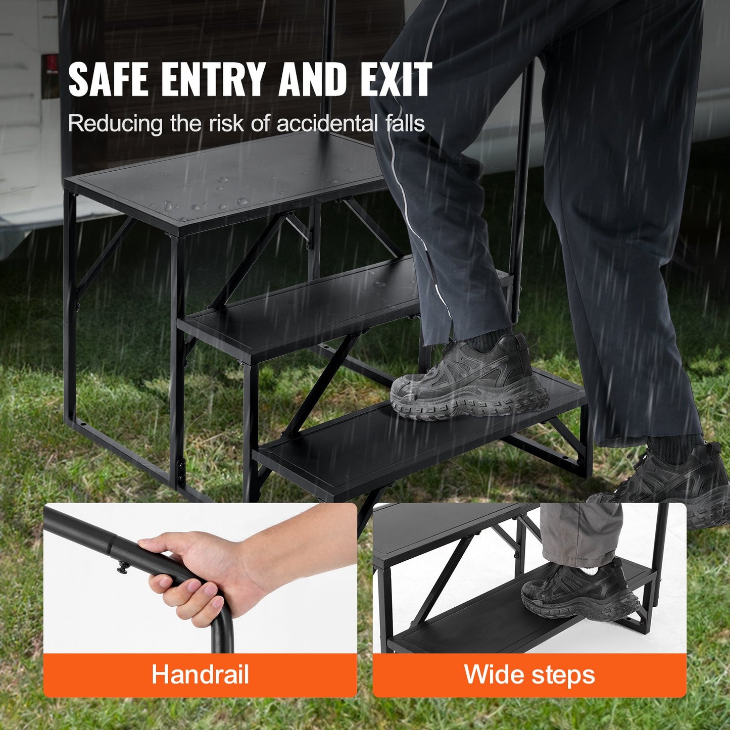 VEVOR RV Steps, 3-Step RV Stairs, 199.58KGS  Load Capacity, Thickened Carbon Steel, With Handrail, Non-Slip Steps for Safe Entry and Exit, Suit for RV, Trailer, Camper Steps
