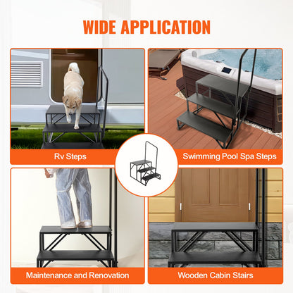 VEVOR RV Steps, 3-Step RV Stairs, 199.58KGS  Load Capacity, Thickened Carbon Steel, With Handrail, Non-Slip Steps for Safe Entry and Exit, Suit for RV, Trailer, Camper Steps
