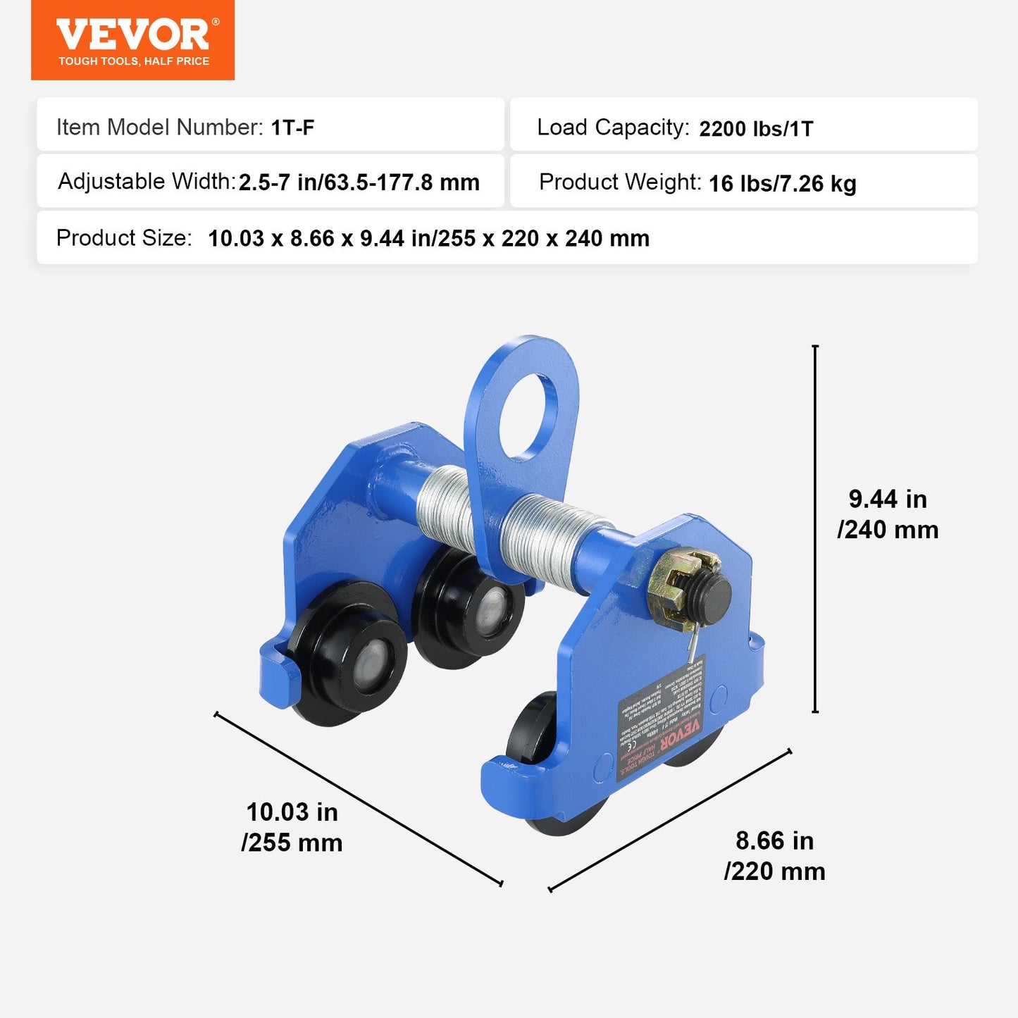Manual Trolley, 1 Ton Load Capacity, Push Beam Trolley with Dual Wheels, Adjustable for I-Beam Flange Width 63.5 mm to 177.8 mm, Heavy Duty Alloy Steel Garage Hoist for Straight Curved I Beam